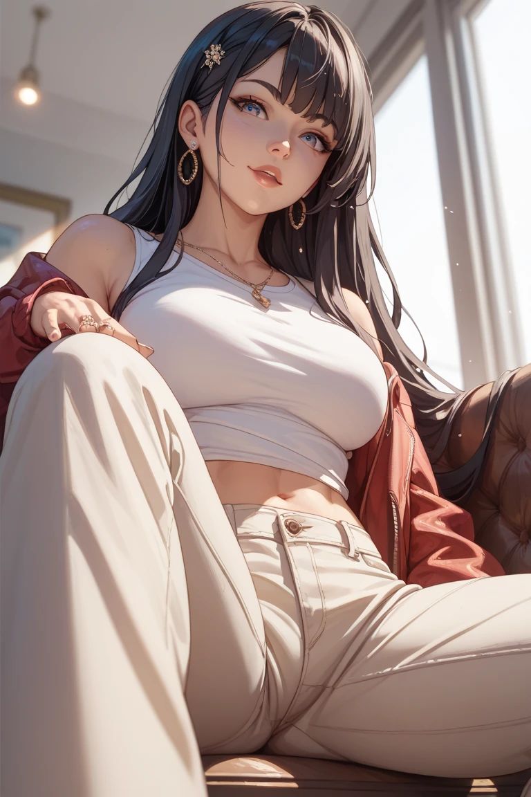 (masterpiece, top-quality, hight resolution), High-quality, 8K, 1woman, detailed, detailed eye depiction, skin gloss, Lustrous Black hair, Portrait, gentle appearance, blush, (collar bone), white woolen sweater, visible shoulders, Portlate, To the gentle Leo, Nomiya, slighly visible nipples, ((nipples)), sitting on couch, spreading legs, visible pussy (vagina)
