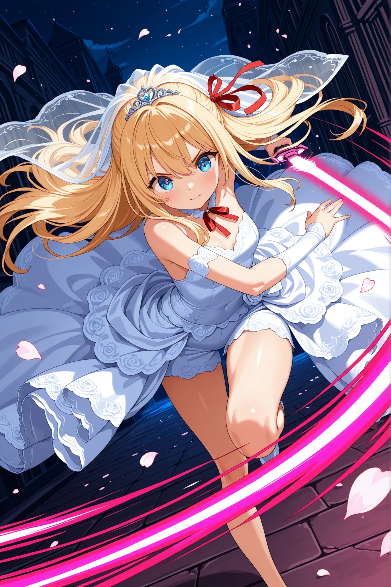  ultra-detailed,8K,illustration,CG,1 cute girl,blonde  hair,long hair,blue eyes ,red ribbon,
,thighs,Wedding Dress,red energy sword,night,battle,dynamic angle, fighting stance, running,Sparkling petals,glowing weapon,slashing,