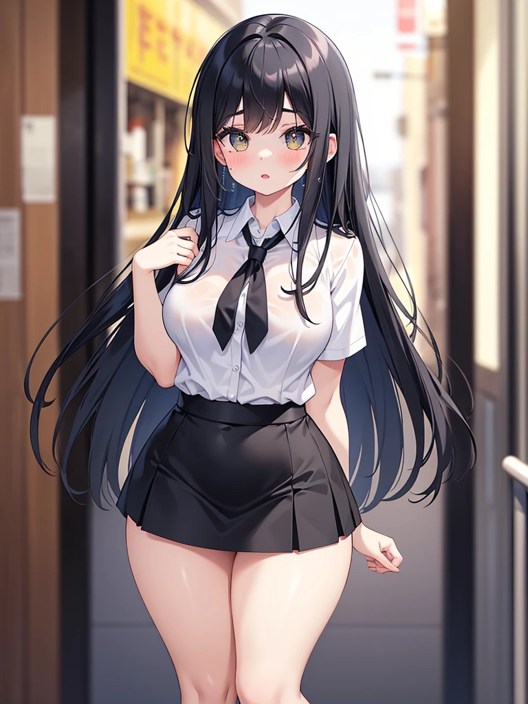 (tmasterpiece, A high resolution, ultra - detailed), 1 rapariga, 独奏, Black color hair,Loving pupils,extra very long hair,(huge tit),Extra-short top,Flat belly,Qi B short skirt,Mary Jane shoes,Be red in the face,oestrus,Trembling,Classroom