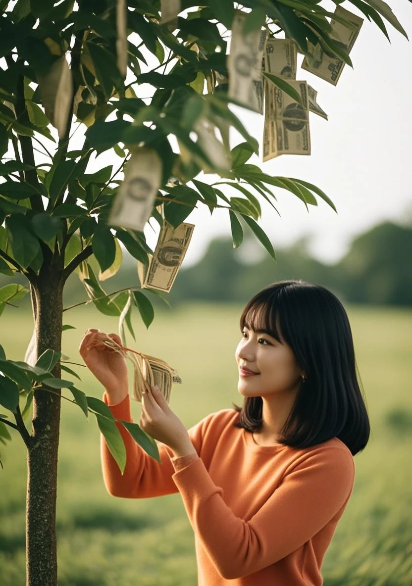 Hyperrealistic a woman picking money hanging on trees, money tree orchard, red hair and a perennial smile, 23 year old, film professional, CG, {4k|8k} HDR, bokeh, high budget, intricate, volumetric fog, award-winning, professional, highly detailed, vibrant colors, slight lens flare at mid afternoon, high contrast