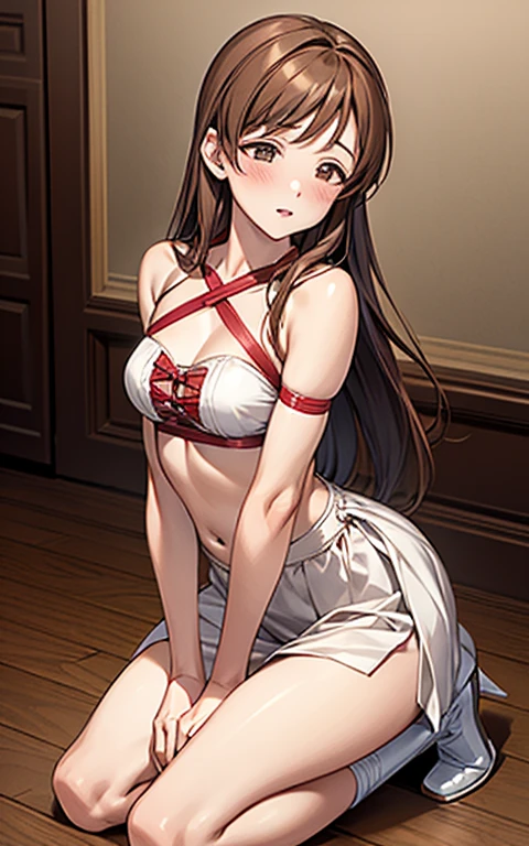 slender, jewelry, looking_at_viewer, armlet, ring, earrings, detached_sleeves, brown_hair, , dress, bangs, ribbon, dress, armor, 1girl, _armor, thighs, long_hair, sleeves, _shoulders, rating:safe, thighhighs, small_, sitting, thighlet, legwear, wariza, red_eyes, large_, miniskirt, pink_eyes, pelvic_curtain, bracelet, smile, skirt,