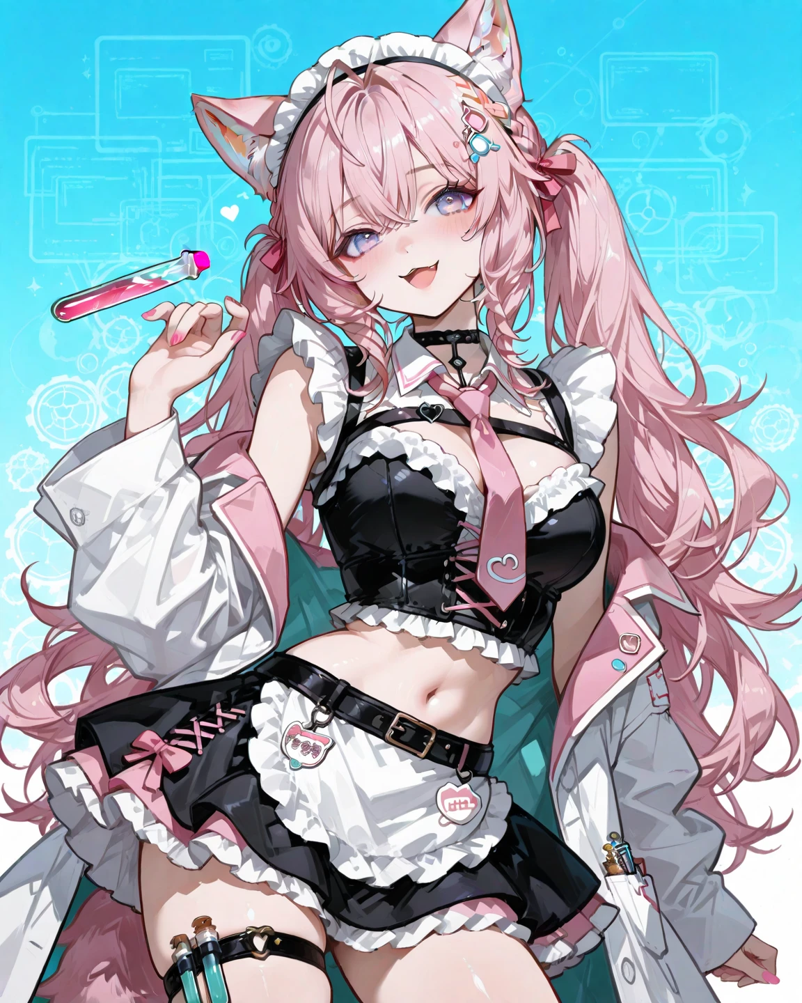 1girll, Animal ears, bangs, Blush, tightsuit, Breasts, Closed mouth, Fake animal ears, mitts, Earphone, headset on head, Horse Ears, Impossible clothes, Jacket, Large breasts, Long hair, Long sleeves, view the viewer, pink leotard, Pink eyes, Simple background, skin tight, Smile, Solo, double tails, Upper body, Very long hair, White background, White gloves, White hair,Alice \(Nikke\),(Masterpiece:1.4),(Best quality:1.4),(Shiny skin),Realistic