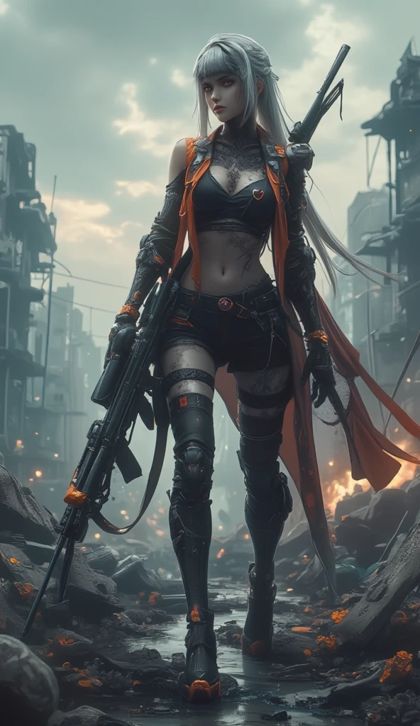 Sexy futuristic military woman gorgeous breasts white hair two guns