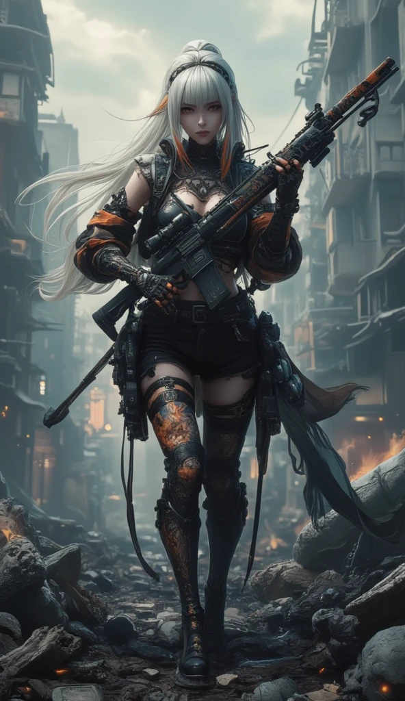 (three-quarter dutch angle camera angle shot:1.37), krenz cushart and Hajime Sorayama style, somber screen overlay, contrasting shadows, enhance and contrast where the colors meet, epic realism, ultra detailed, dark gradients, metallic gradients, visually rich digital illustration of a young woman (1.45m height), she is a bio-engineered hybrid cyborg, wielding an oversized mechanical chainsaw like Warhammer over her shoulder, long dark gray hair with white shimmering highlights, heterochromia, red and white metal eyes, otherworldly, dystopian, small bundles of wires jaggedly ripped from mechanical knees and elbows, debris, charcoal stained metals, soot stained skin, flames, let the viewer know that this is war, (((warrior))), dark and eerie, sci-fi, oppressive environment and mass destruction, mechanical high rise metallic buildings, (subject within the rule of thirds:1.56), intricate details, subtle colors, fantastical realm, extremely detailed, ultra sharp focus, scattered light particles, impressive attention to detail, vast open world, grandeur and awe, cinematic, foreign planet, stunning visual masterpiece, bright exposure, photorealistic, cinematographic scene, highest quality, 32k, octane render, (dynamic motion), dynamic pose, somber feeling, ww1 vibe, boundless details, full body, high refraction, high reflection, melted skin where the charcoal stains meet, whole body, (white reflections), samyang 35mm (FX Full-Frame) 100mm f/32.0 3.00m