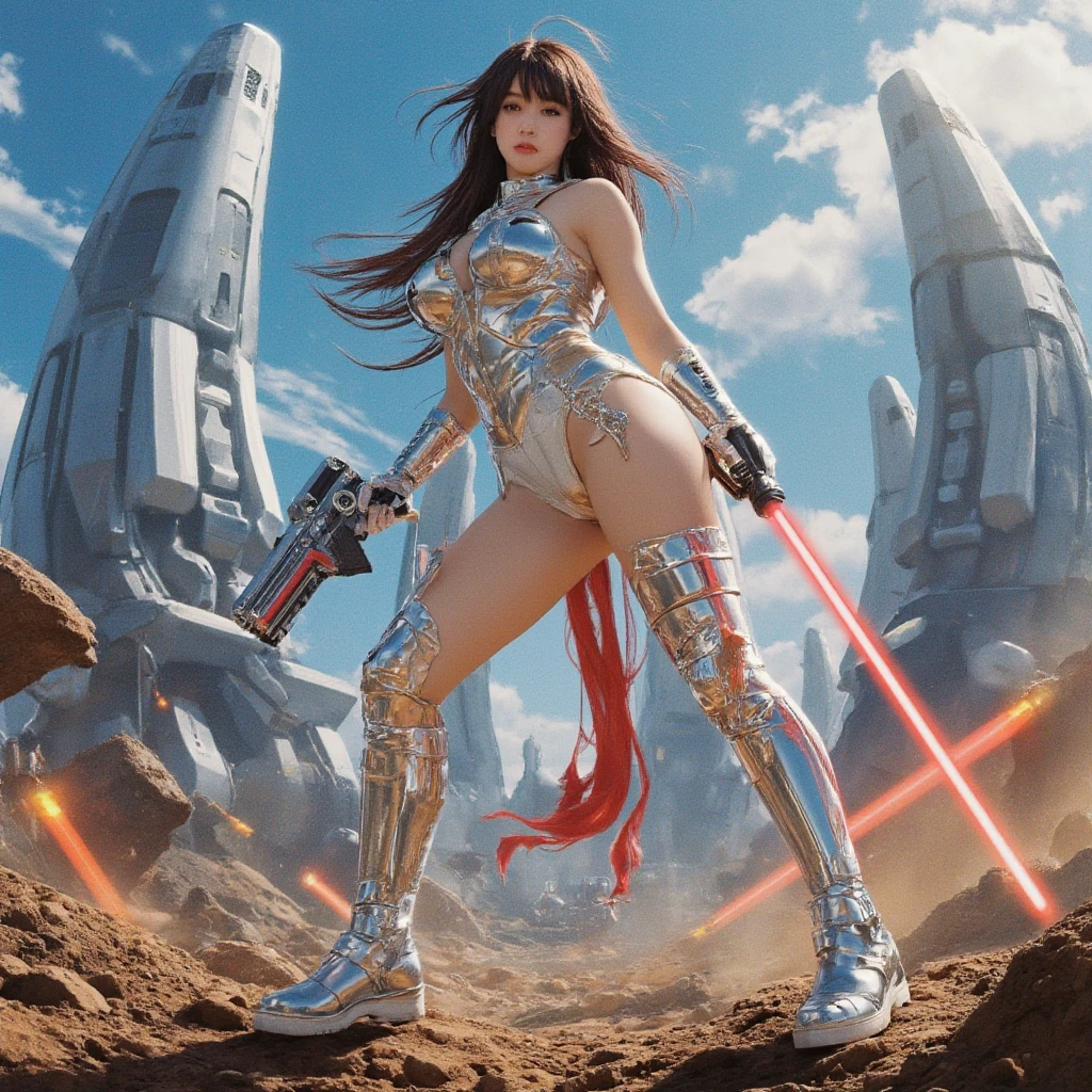 20 years old English woman, ((full body)), ((nude)), ((heavily armored space commander)), beautiful chest, standing with her legs spread apart, in her huge space ship at deep space far from the galaxy, no planet and no moon around there, milky way outside of the ship, zoom in from below