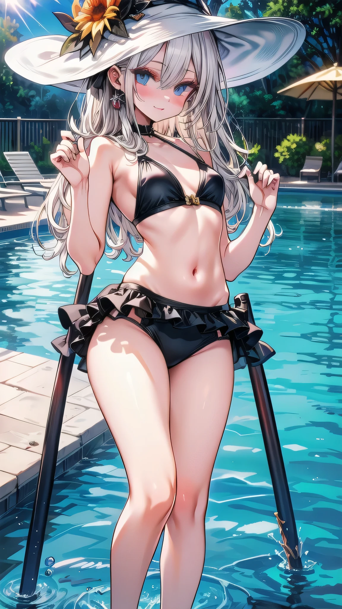 heroine winning a battle in combat, manga style woman, perfect manga, highly detailed, DRONE: full body view from head to toe, perfect body with medium sized rounded firm breasts, similar to Lucy heartphilia, super beautiful woman with practically symmetrical face , manga eyes: 3/4 size, eyes the color of her hair, she is 16 years old, her clothes are extremely short, tube top extremely short and torn and frayed, medium sized hair, wet silver hair with green tips, pose of victory and happiness, leap of joy, random drone angle.