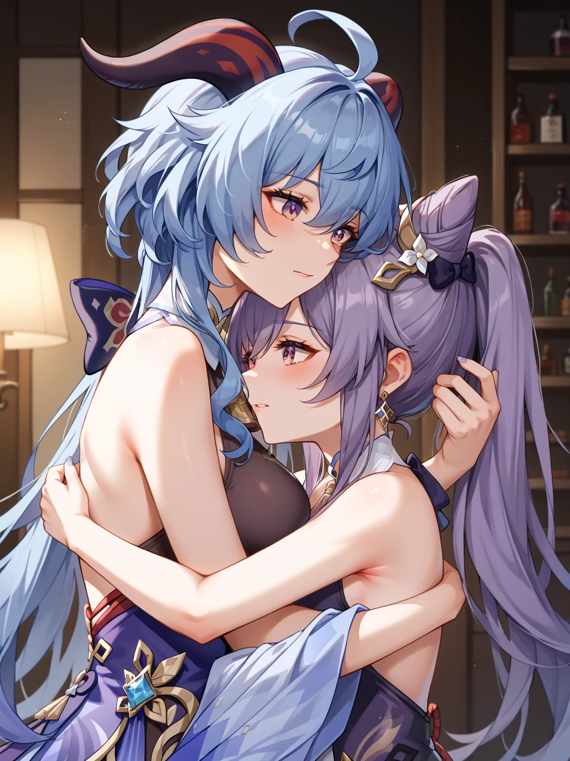 (2 Girls 1.4), (1st party using lora1 Keqing Genshin Effects), (The 2nd person uses lora2 Ganyu Genshin has two horns......)Two women were sitting on the floor and one was holding a knife in hand............, One woman carries another woman............, Sit with your wrists together............, Two beautiful girls in love, Two women............, Lesbian Art, Homosexual girl groups, Handshake, vector art illustration, flat illustration, Flat shading illustration, Lie down with your wrists together............, two girls, lesbian, Embrace Lesbians,(2:Girls together.............), (NSTDA.:1.2), (10, beste-Qualit, master-piece: 1.4), ultra-high resolution, (lifelike, photorealistic portrait: 1.48), 20 age, Cute Girl, (See through the bikini beetle), Famous Japanese actors, beautiful clear eyes, G Cup Big Breasts, Head tilt., cowboy shot, from the side, looking at the audience, expressionless, Beautiful lake, Zeiss 150mm F/ 2.8 Hasselblad, Around the lake there are high mountains surrounded by striped mountains..............., Whole body, foot, Ultra-Wide Angle, The backyard is a beautiful sea................................................................. ,
