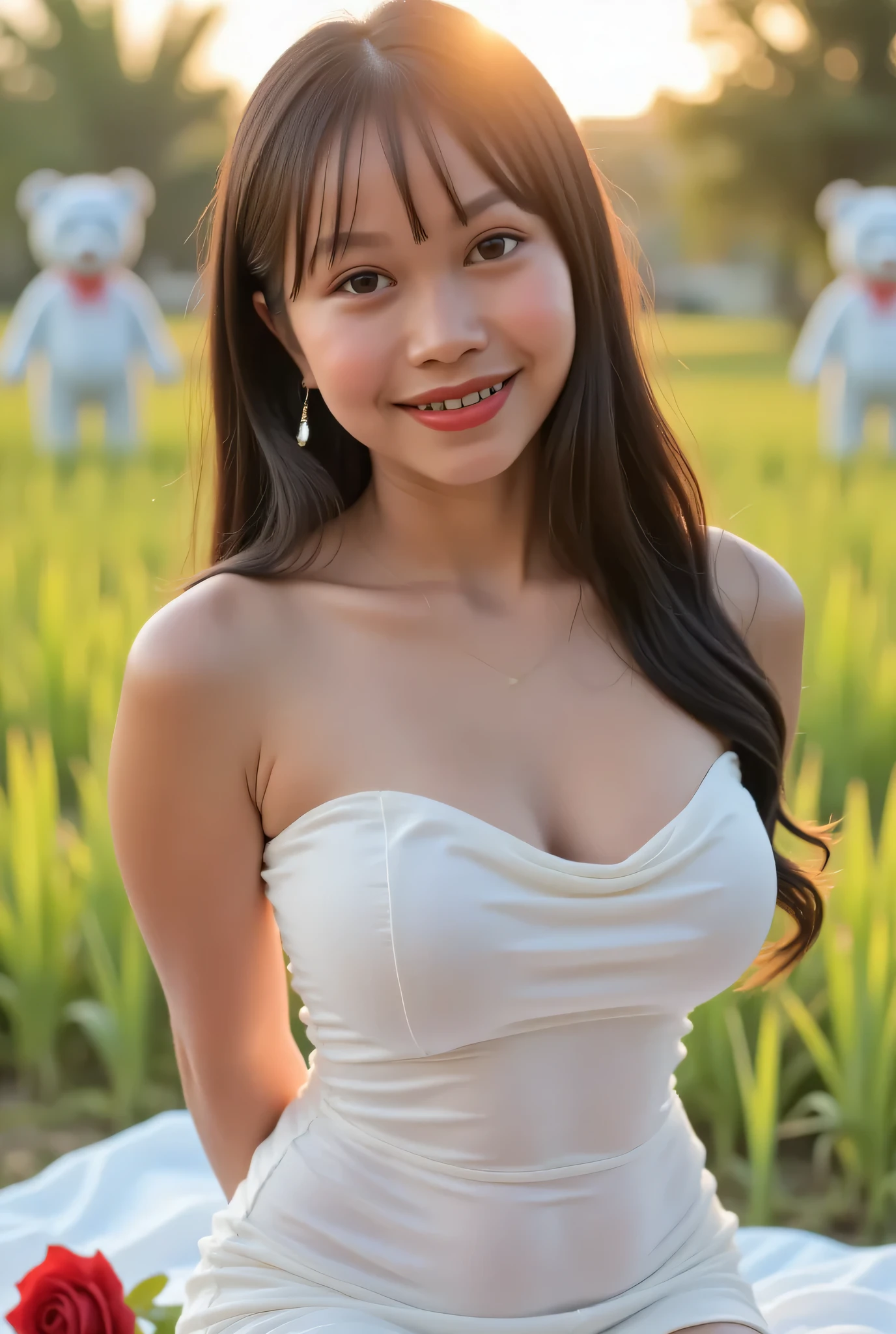 Cute Small, Visible female panties, front posing, ("Facial expression in Happy big Orgasm"), Both hands lying behind the back, (photorealistic:1.6), background rice paddy. Waktu Senja atmosphere, (((please don't showing any finger!!!))), (TIGA HUGE TEDDY BEAR)), hands behind back,  Look from the front you are stupid!, wearing Fully TRANSPARENT cream unbuttoned tight strapless dress. (blink pink eyeshadow & pink eyeliner) PLEASE DON'T PUT ANYTHING ROPE AT MY CLOTHES!!!. BOTH HANDS PLACED BEHIND THE BACK , SILFOE PHOTO. BIMBO LIPS, black hair bang style long straight and ビーチチェアに横たわる ビーチのそば. Sekuntum mawar merah berduri. 
