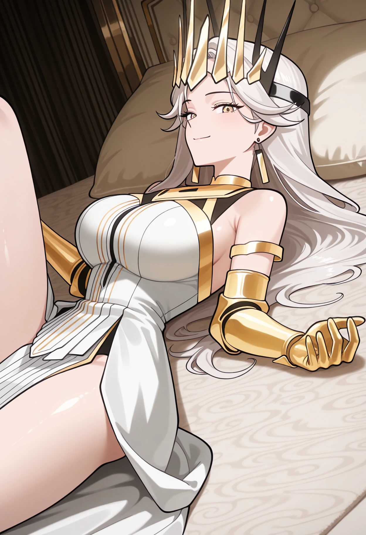 (best quality,4k,8k,highres,masterpiece:1.2), ultra-detailed, (realistic,photorealistic,photo-realistic:1.37), from above,nishikino maki, silver hair,mature ebony-skinned female with long flowing silver hair, wearing a golden gilded form-fitting skimpy golden dress, curvy, has large black demon wings, has demonic horns, alluring gaze, dark skin tone, ebony skin tone, golden dress, dress made of gold, alone, solo, (ALONE)(SOLO), laying on bed, sweating, soaked in sweat, rolling eyes, shocked, surprised