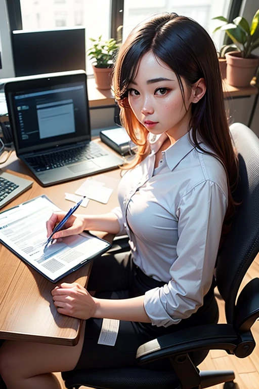 (best quality,4k,8k,highres,masterpiece:1.2),ultra-detailed,realistic:1.37,portrait,computer,earning money,working from home,sitting at desk,professional,serious, open shirt, cum all over her face, expression,concentrated,focused,keyboard,mouse,desktop computer,multiple monitors,multi-tasking,productive,financial success,wealthy,successful,online business,laptop,coding,typing,optimization,analytics,data analysis,computer programming,programming languages,algorithm,innovation,tech industry,modern technology,progress,efficiency,workspace,organized,neat,clean,half dressed, slutty attire, showing pussy, brightly lit room,office environment,vivid colors,comfortable chair,ergonomic setup,work-life balance,achievement,fulfillment