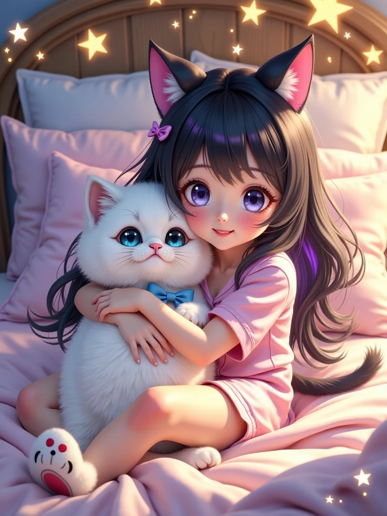 Amidst the peaceful and silent night sky, uma pintura digital de Ni Tian, CG Society brings to life a cozy scene of two cute cartoon cat avatars lounging on a soft sofa., cama convidativa. A cama, iluminado pelo brilho suave da luz da lua que entra pela janela, is decorated with the playful duo, seus corpos ronronantes enrolados um contra o outro em um sono tranquilo. They are adorable, expressive faces – large, round eyes and wide smiles - are the picture of contentment as they bask in the stillness of the night. o fundo, repleto de detalhes intrincados da arte de Ni Tian