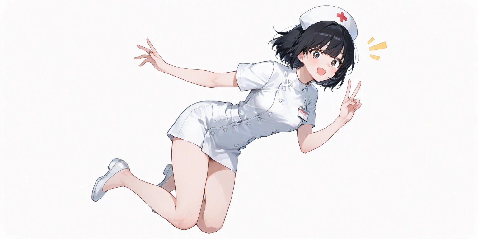 android, beautiful robot, short pigtails, brown hair, Hair tie with two big red clothespins, big smile, brown hair, middle age, joint seam, blue eyes, full body figure, Height: 160cm, Light beige micro mini dress, fluttering skirt, skirt folds, white retro swimwear, Uplifting, 2020s anime style, 21thcentury japan animation, show White pantie