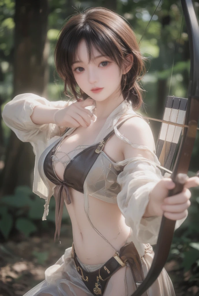 (top-quality,8K picture quality,masterpiece:1.3,),(超A high resolution,Photorealsitic:1.4,Raw photography),(ultra-detailliert,shinny skin,Detailed skin),(Detailed face,Perfect Anatomy,Caustics),(White archery suit:1.1),(Hakama:1.1),(Grab a bow and arrow and hold it:1.3),(Kyudojo:1.1),(fully body photo),18year old,japanes,Japanese ido,a smile,A dark-haired,High Ponytail,large boob,natural soft light