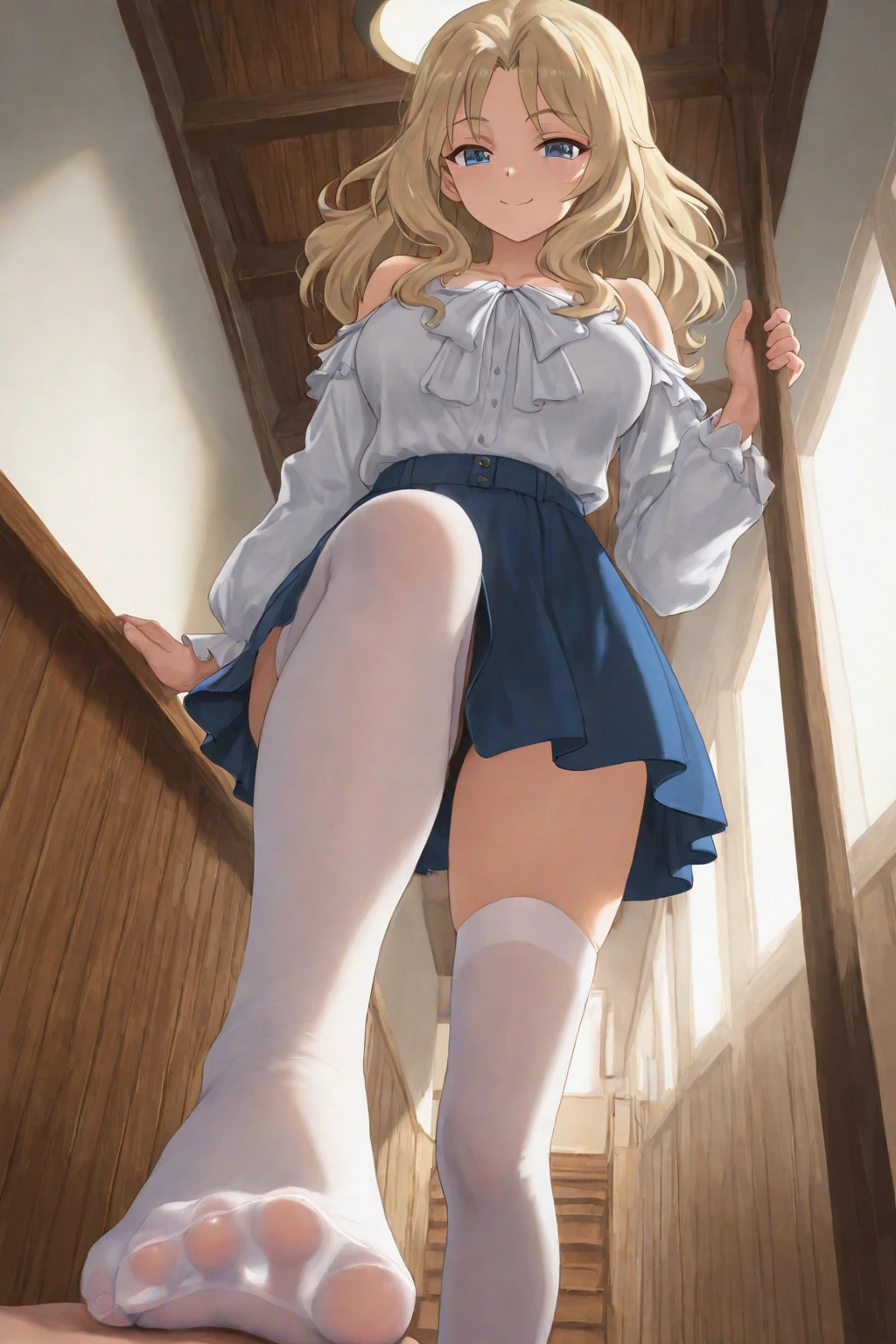 masutepiece, Best Quality, the Extremely Detailed CG Unity 8K Wallpapers, Sexy Witch , Long dark blonde wavy hair、off-shoulder knit, darkblue pleated skirt, Medium milk, hanging breasted, cleavage, Blushing, Shy laughter, Castle staircase、Looking up from the bottom of the stairs、Very embarrassing panic smile, turned around、bending forward、(The wind flipped my skirt and exposed my butt.............................、Touching the buttocks with both hands、Pink lace panties)、
