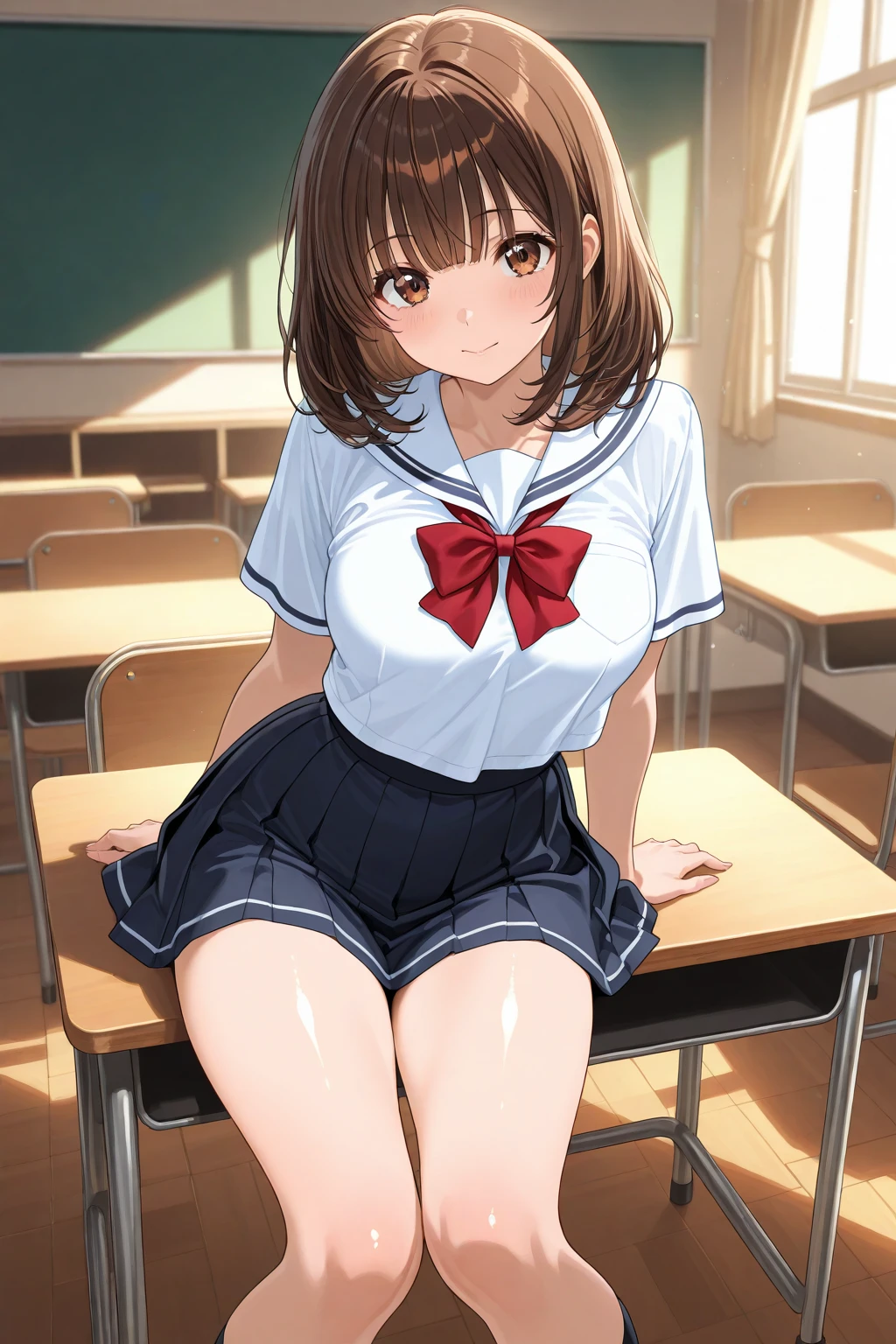 Highest quality, High resolution, masterpiece, (Beautiful Eyes), (Fine grain), Detailed face, kumiko oumae, Brown eyes, Brown Hair, short hair, Wavy Hair, smile, blush, skirt, shirt, Long sleeve, , pleated skirt, neckerchief, brown skirt, White sailor collar, brown shirt, Kitauji High , red neckerchief, indoor, classroom, Chair, machine, View your viewers, Cowboy Shot, (skirtを持ち上げる:1.5), (skirt that rolls up), (Panties in full view), (Wide pelvis), (Thick thighs), (White panties), nsfw