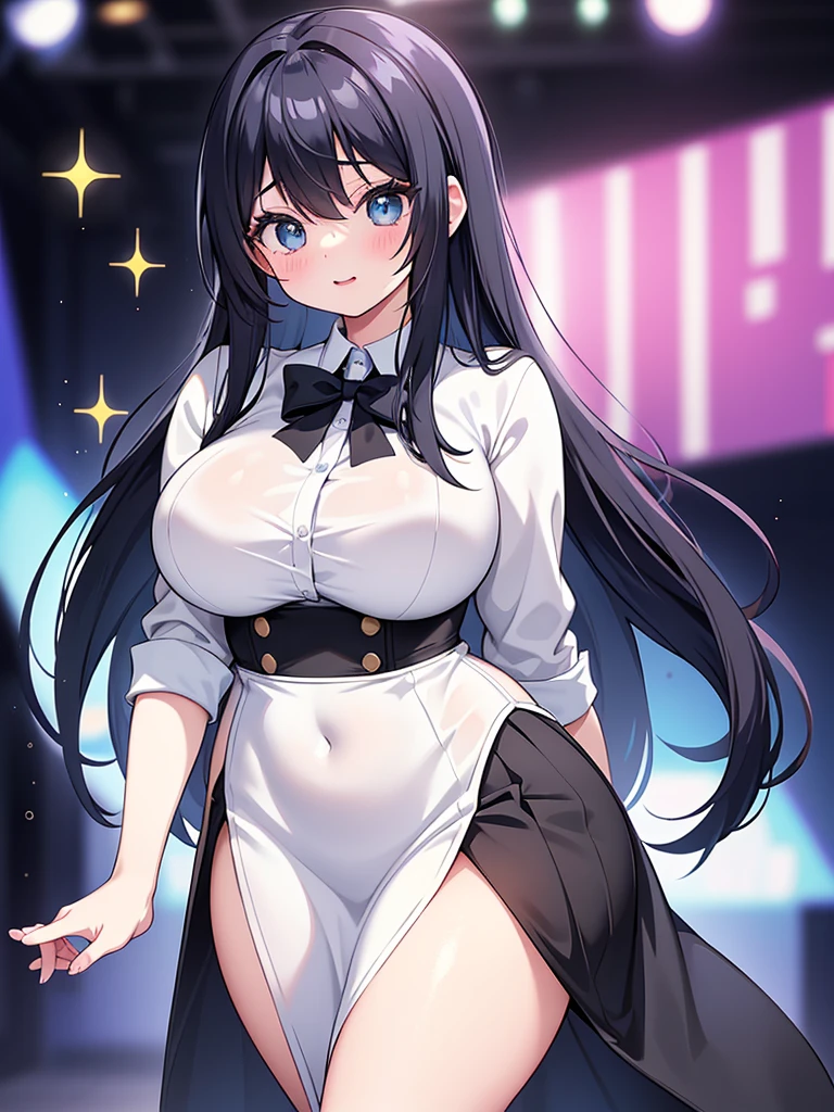 1 girl, game CG,((playboy、Bunny girl、Bunny ears、pantyhose、Wear heels)),((big breasts)), black hair, long hair, straight hair,  black eye, ((take a pose)), white background,((Smiling expression))