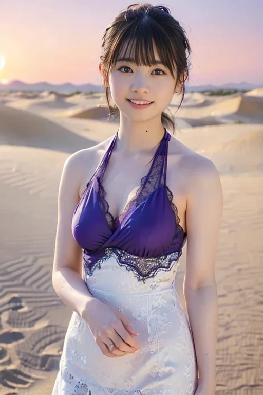 Best picture quality (8K, high resolution, Masterpiece: 1.2), super detailed,  215 Short Hair,Three braids long hair, 16-year-old woman, 

situation: The princess is traveling with a caravan through the desert.、A moment during a break。
detailed:
angle: Caravan camels and a group of merchants can be seen in the background.、A shot of the princess sitting on a sand dune。
clothing: Lilac silk gown、Gold embroidered belt、The face is partially covered by a veil。Decorative headpiece。
atmosphere: Spreading sand dunes、A caravan seen in the distance。Silence of the desert and beautiful blue skies。


Active Pause ,
Beside her、The thunder danced。
break Focus on upper 腰


, random cute pose ,big eyes ,Puffy eyes ,  Heart Pupil, blush  , huge shy smile , salute



