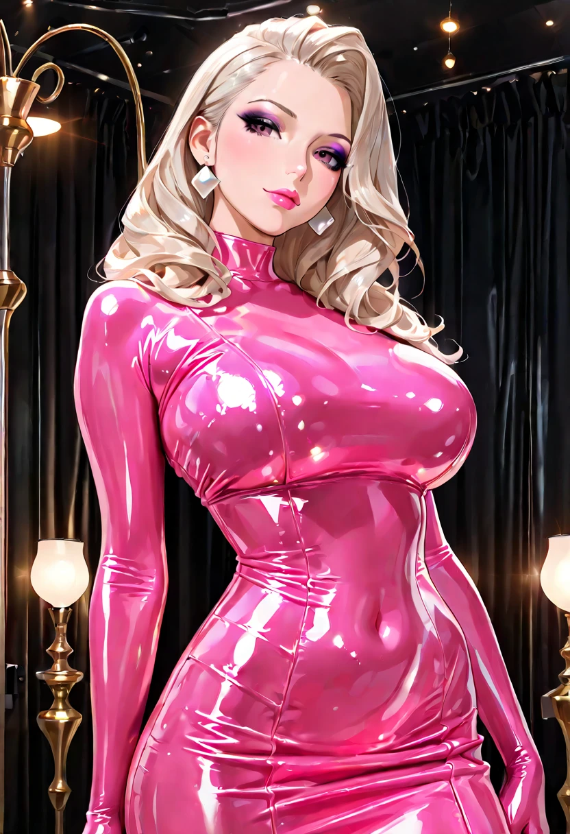 (best quality, 8k, highres, photorealistic:2.0), (solo, one girl:2.0),(lighting: front),(lighting: strong),(Russian Beauty:2.0),(very muscular girl:2.0),(bodybuilder girl:1.5),(shiny skin:1.5),(oily skin:1.5),(platinum blonde hair:1.5),(Squat down with both knees up and spread your legs apart:1.5),(raise both arms behind your head:1.5),(high heels:1.5),(lewd girl),(cyberpunk location:1.9),(((Wearing pink latex long sleeve tight dress))),