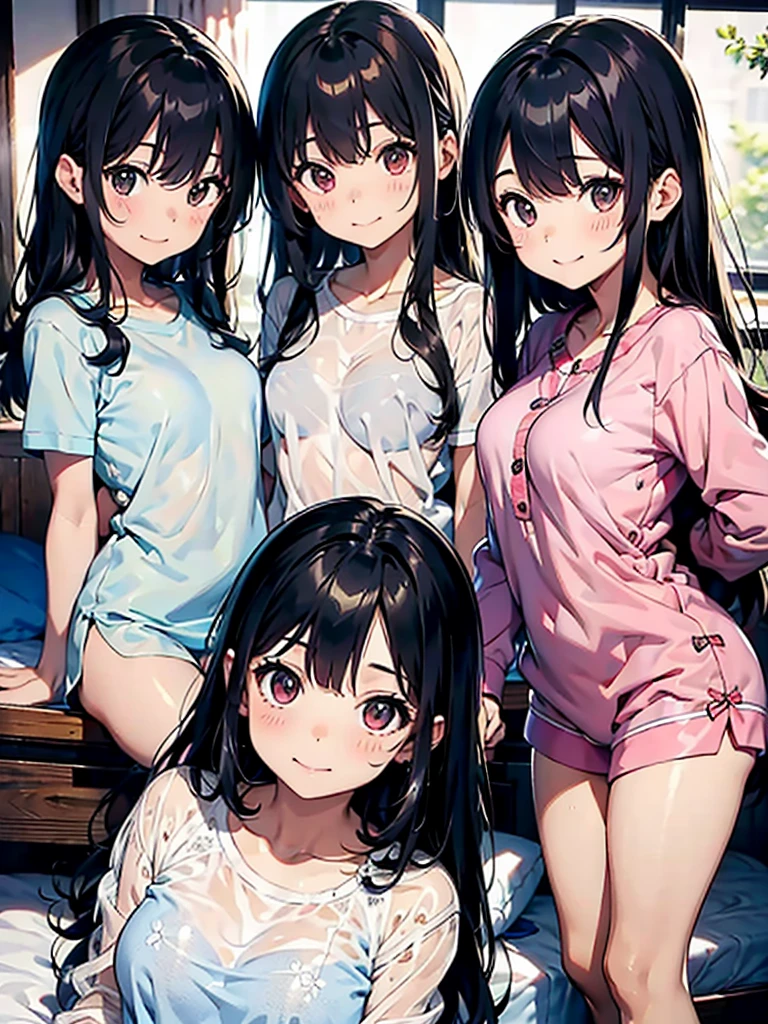 Very detailed, Highest quality, High resolution, Moe Anime, ((Three little girls in underwear hugging each other:1.2)), (Black Hair:1.4), (Baby Face), Cute eyes, Detailed eye depiction, Eyes sparkling, Dark eye color, View your audience, Pale skin, (Big eyes:1.4, Droopy eyes:1.4, Torogao:1.4), Focus on the face, In the park with cherry blossoms falling, ((Lace bra)), ((Lace panties)), Bright Eyes, ((Nipples are visible through the fabric)), ((Petite)), ((Young)), ((nsfw:1.2)), (Flat Chest:1.4), ((Different hairstyles:1.4)), smile, (Slightly below:1.4)