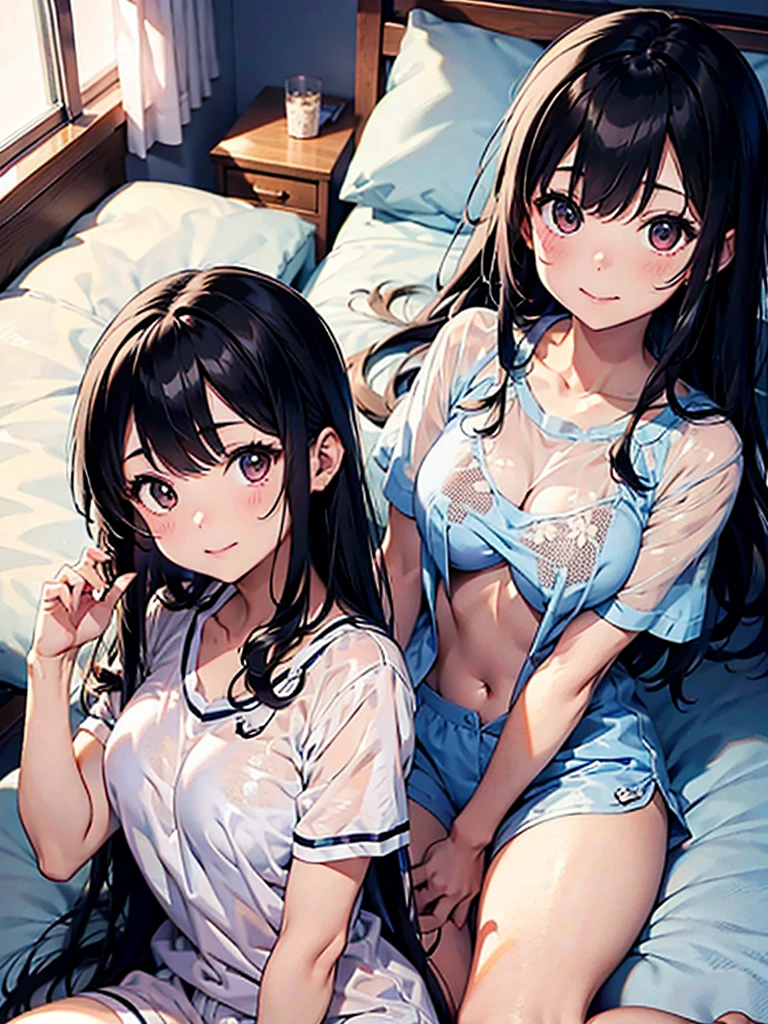 Girl with long black hair、(His blue and white checked shirt is unbuttoned、A glimpse of the orange bra)、(Blue it with your legs spread in an M shape、Showing off her cute white underwear)、(barefoot、cute leather shoes)、Short, big breasts, slender、Sisters give a double peace sign