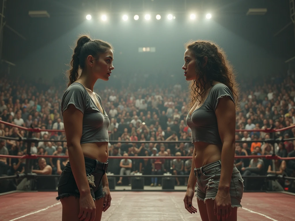((masterpiece, best quality)), (2 Curvy Latinas in big white granny panties and white bras, in an arena, woman on the left has curled hair, woman on the right has long straight hair, fullback briefs, realistic art style, intricate details