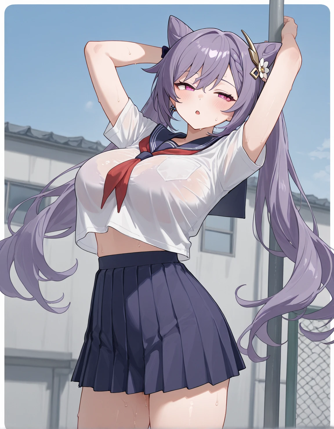 best quality, ultra-detailed, (1girl, solo, ,dido flip hair, asymmetrical bangs, white shirt, serafuku, short skirt, frilled skirt, pink brooch, standing, smile, arms behind back, <lora:sdxl-heart_brooch_on_chest-animagineXLV3-AdamW8bit-v1:1>,heartbroochonchest, , ), in a hay barn