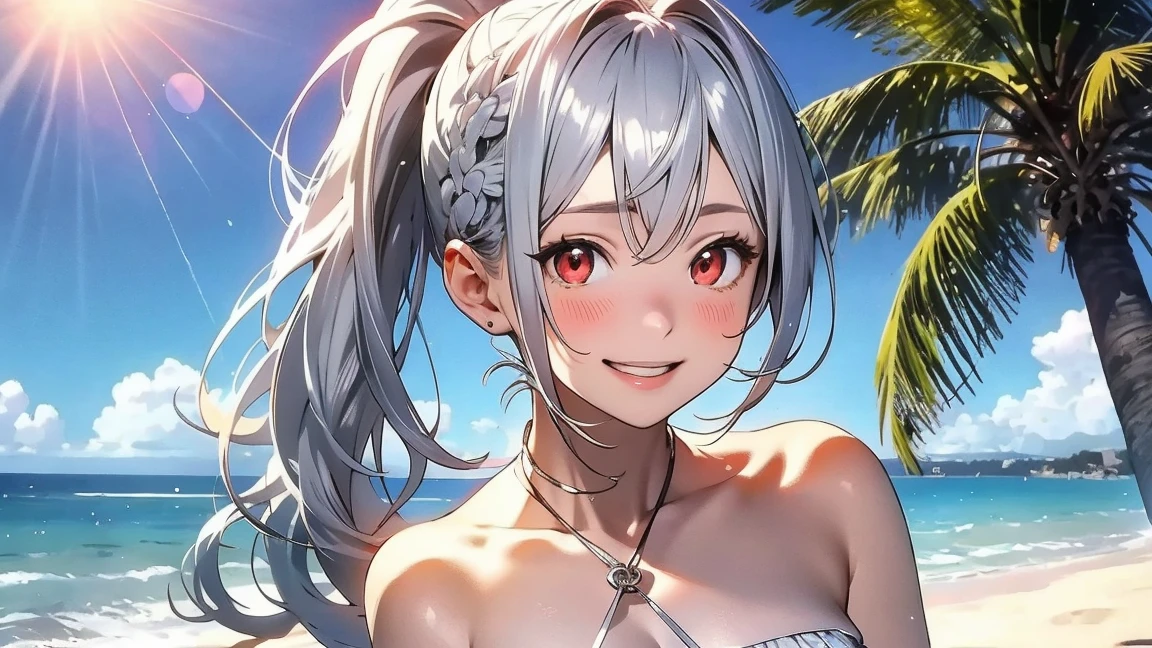 ((One personの女性)), Beautiful Face, ((smirk)), (head tilt), ((Wink:1.9)), Laugh with your mouth wide open,((Bright red cheeks:1.4)),Shiny red lips,night,coastal,You can see the ocean, firework,Laughing with your mouth open,Glossy pink lips,Facial lighting,((Anime style background)),masterpiece, Highest quality, so beautiful,up to date, Complex details, (Pink long nails), (4fingers and 1thumbs), (ring),(bracelet),(choker),AI-generated, Complex,High resolution, Highest quality, super high quality,3D Images、3D Images,One person,Long white hair,High Ponytail,(blue eyes),Anime woman posing for a photo, ((Fine grain、Silvery white colorful eyes、Shining Eyes:1.3)),(Squint your eyes:1.1),a hyperRealistic , hyperRealistic , Realistic,Anime woman with long white hair, Smooth anime CG art, A woman in a colorful kimono with gold embroidery, (Black long sleeve kimono),Red floral pattern,Long flower hair ornament,Earrings,Mature Body,(Big Breasts:1.1),Tall,Abdominal muscles,Narrow waist,(Zoom up to face:1.4),(dutch angle)