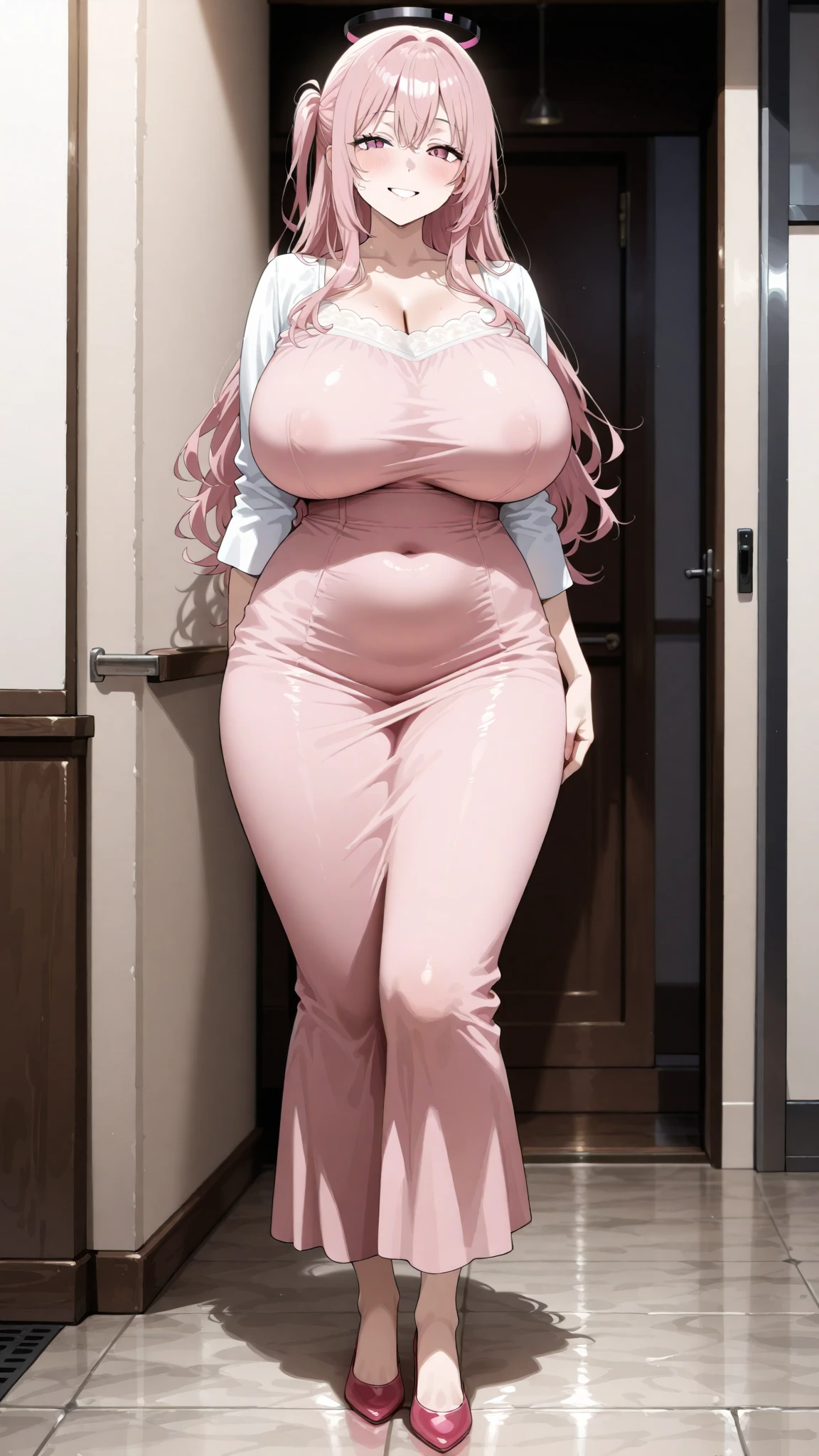 Best quality, masterpiece, ultra high res, raw photo, beautiful and aesthetic, deep shadow, fairy theme,(ultra detailed:1.3),
1girl, sexy pose, headdress, (beautiful face, detailed eye:1.2), embarrassed, drill hair, long hair, blonde hair, gradient hair, yellow eyes, solo, (busty breasts, gigantic breasts:1.1), big hair, blue hair, divine goddess, looking at viewer, indoors, royal palace, luxurious bedroom, canopy bed, candlelight, room full of curtain, astraea, full body, enormous pregnant belly, (pink bodysuit:1.3) 