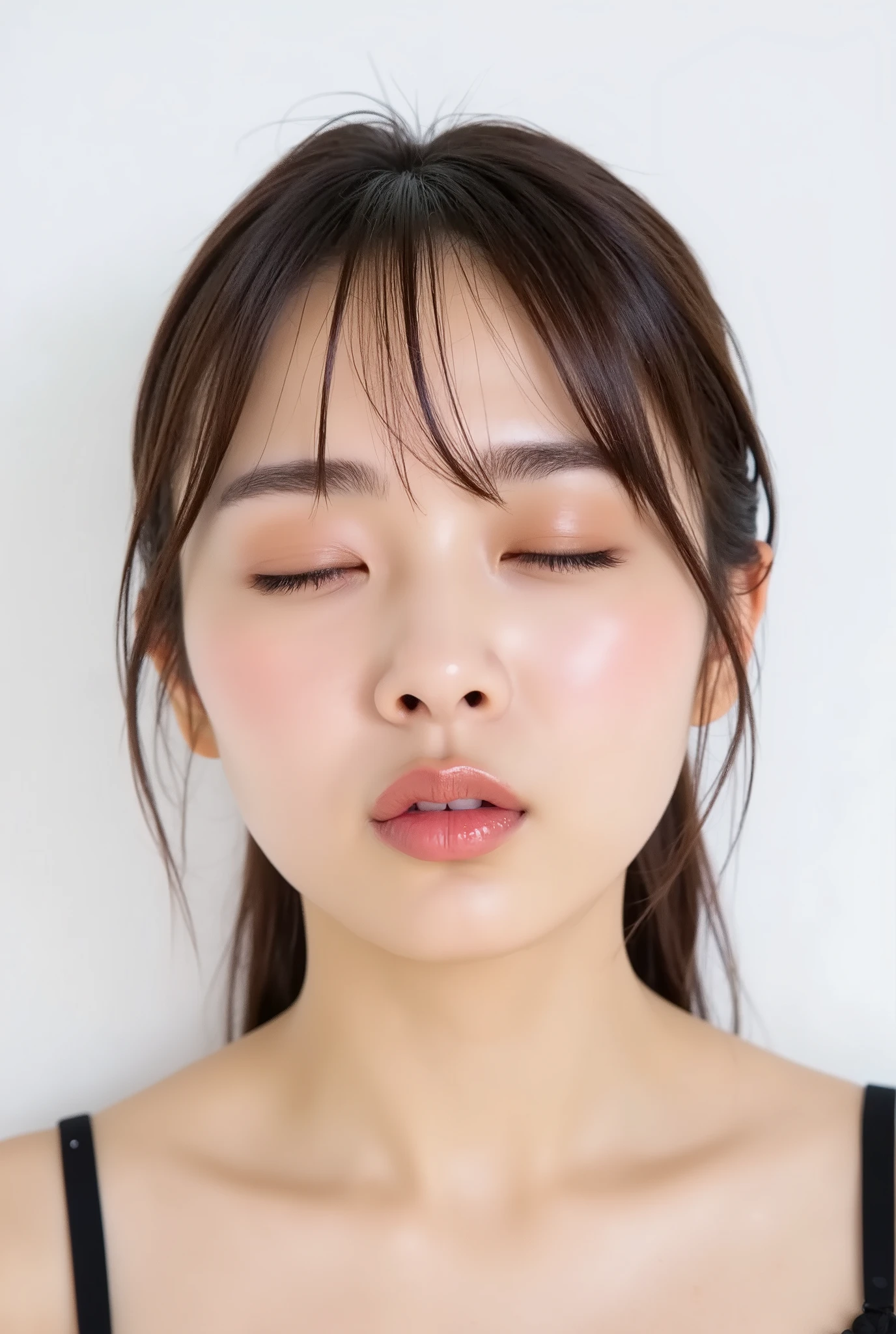 ultra-detailed close-up of a beautiful modern woman, Composition above collarbone, white studio background, soft natural light in the anal hole, background is soft focus,
Shot from a slightly higher angle (Approximately 60 degrees), slightly raised pores and realistic texture, head and face facing front, with subtle blurred facial contours,
Gently closed eyes, dreamy and euphoric expression, Strongly protruding lips are tightly closed, A deep loving smile with shyly pointed lips,
rounded mouth "O" Whistling and kissing, Kissing Lips, sparkling highlights on extremely moist lips,
The only makeup is natural glossy lip gloss, skin is matte、cute and gentle Dele Dele feeling,
hands hidden in the back、Guide the viewer's gaze to the lips, cute, seductive, and embarrassing charm,
A deep loving smile with shyly pointed lips, x} camera angle slightly raised, Black camisole straps are slightly visible,
The subject's chin is slightly raised, Cheeks and ears are stained with an embarrassing blush, longing and dazed joy, subtle glamorous expression,
no vintage feel, completely modern skin color, subtle contour blur