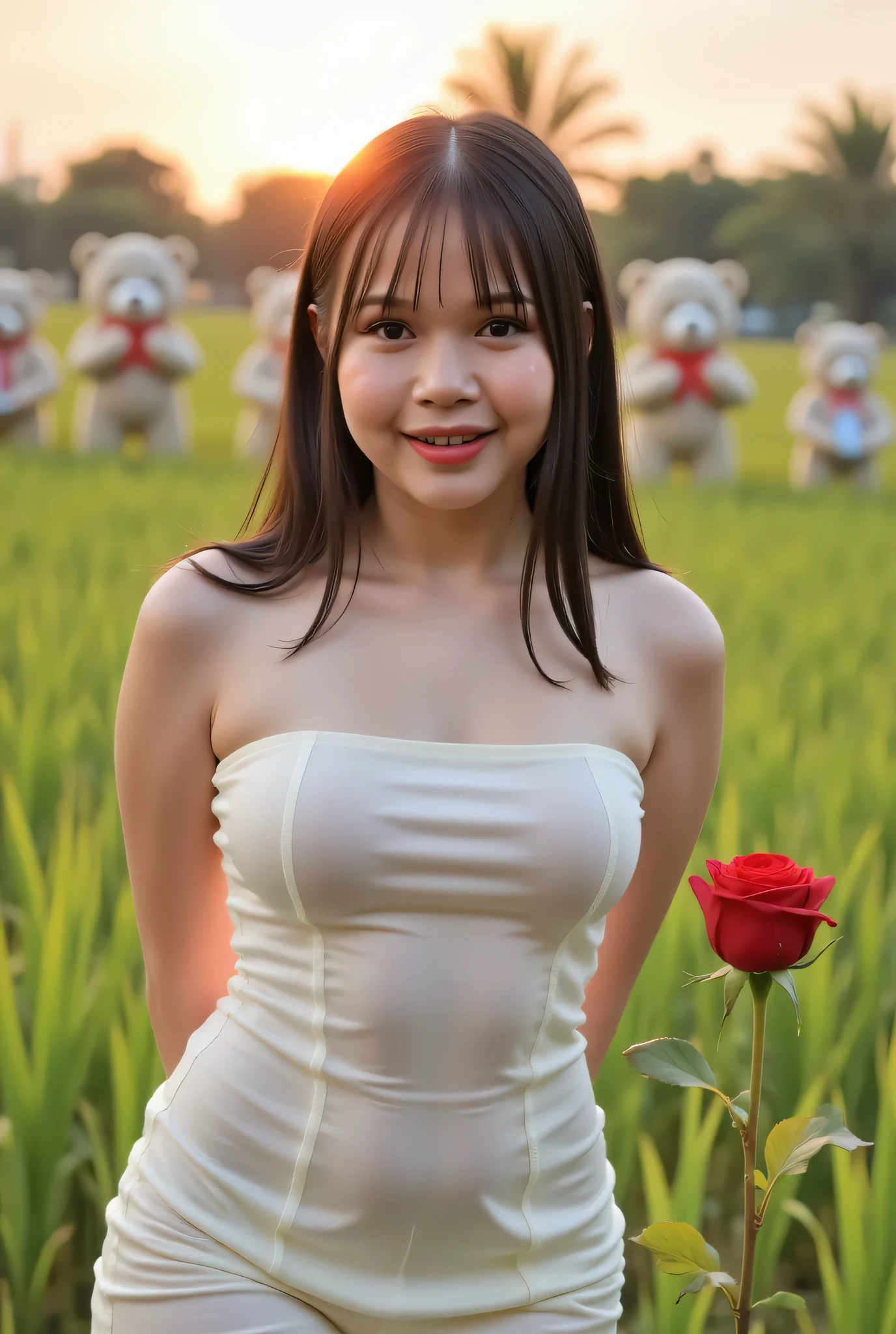 Cute Small, Visible female panties, front posing, ("Facial expression in Happy big Orgasm"), Both hands lying behind the back, (photorealistic:1.6), background rice paddy. Waktu Senja atmosphere, (((please don't showing any finger!!!))), (TIGA HUGE TEDDY BEAR)), hands behind back, Look from the front you are stupid!, wearing Fully TRANSPARENT cream unbuttoned tight strapless dress. (blink pink eyeshadow & pink eyeliner) PLEASE DON'T PUT ANYTHING ROPE AT MY CLOTHES!!!. BOTH HANDS PLACED BEHIND THE BACK , SILFOE PHOTO. BIMBO LIPS, black hair bang style long straight and ビーチチェアに横たわる ビーチのそば. Sekuntum mawar merah berduri.