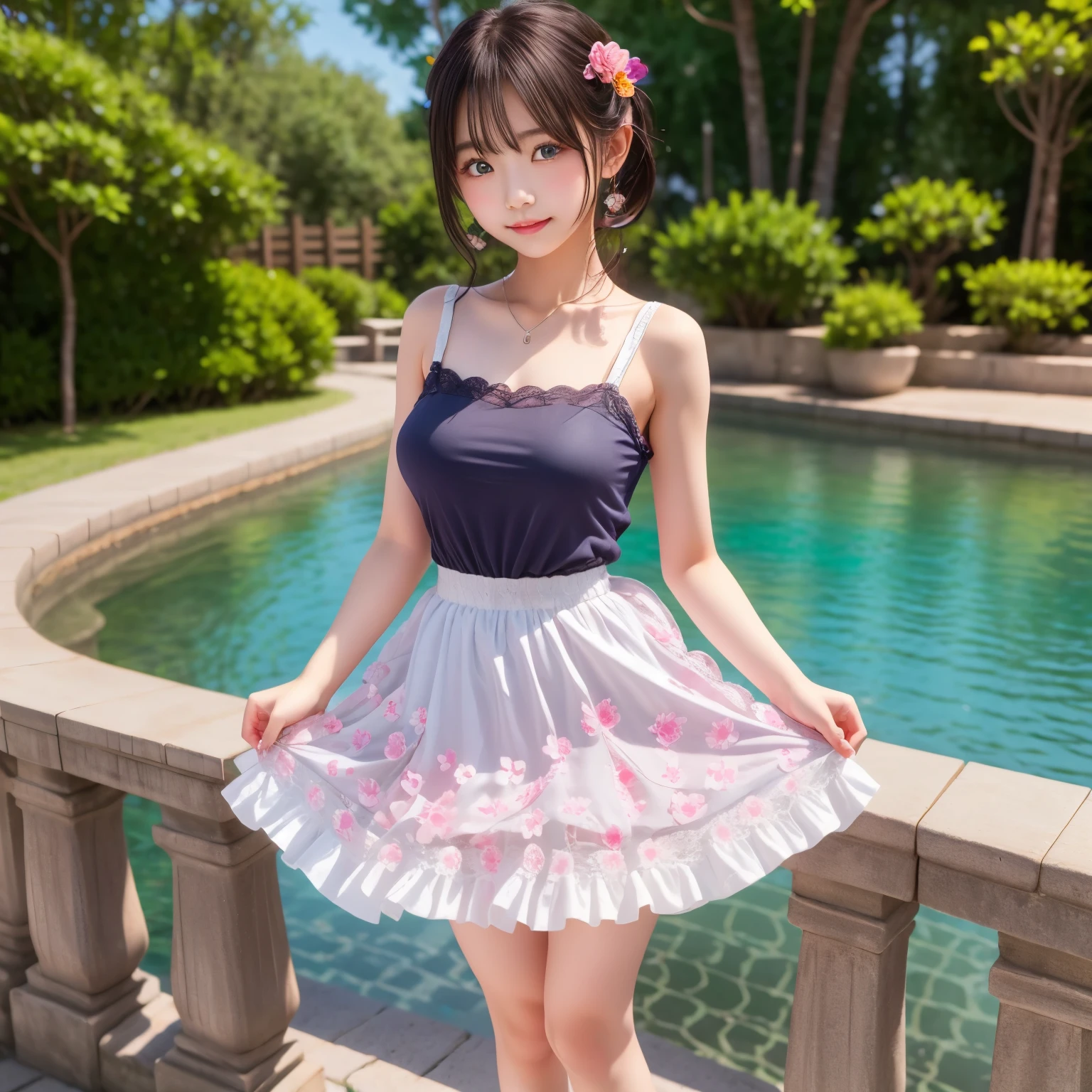 Masterpiece, top quality, high resolution, anatomically correct, ultra high definition. Park with flower garden. Blue sky. Beautiful lawn. One beautiful girl. She is a beautiful Japanese woman. She is as beautiful as a goddess. She has a mysterious atmosphere. She is the most beautiful woman in the world. She has a well-defined face. She has beautiful blue eyes. She has big breasts and beautiful feet. She wears a hair ornament. She wears a necklace and earrings. (She has silver hair in twin-tails). ((She is wearing a frilly dress with a floral pattern)). She is wearing white sandals. ((She is blushing and has an embarrassed expression on her face.)). (((She lifts her skirt to reveal her lace panties))).skirtlift