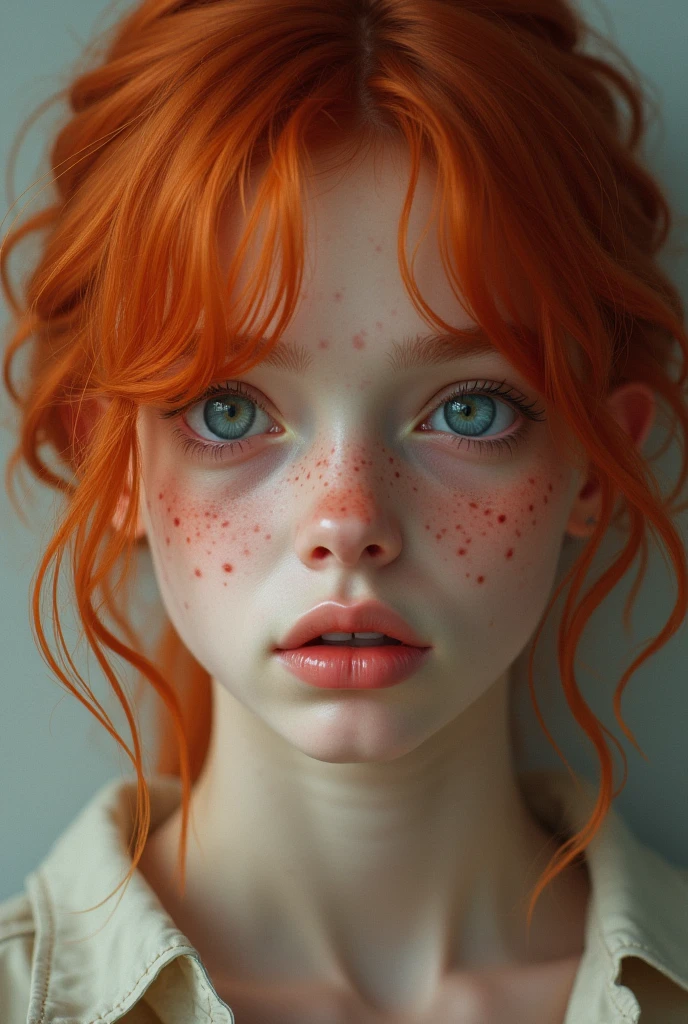 Girl, bambi eyes girl, green eyes, inocent face, cute face, long hair, beautiful, realistic girl, symmetrical face, photorealistic, red-haired girl, cute girl, 15 years, kawaii rusian, realistic, oval face, adolescent girl realistic 