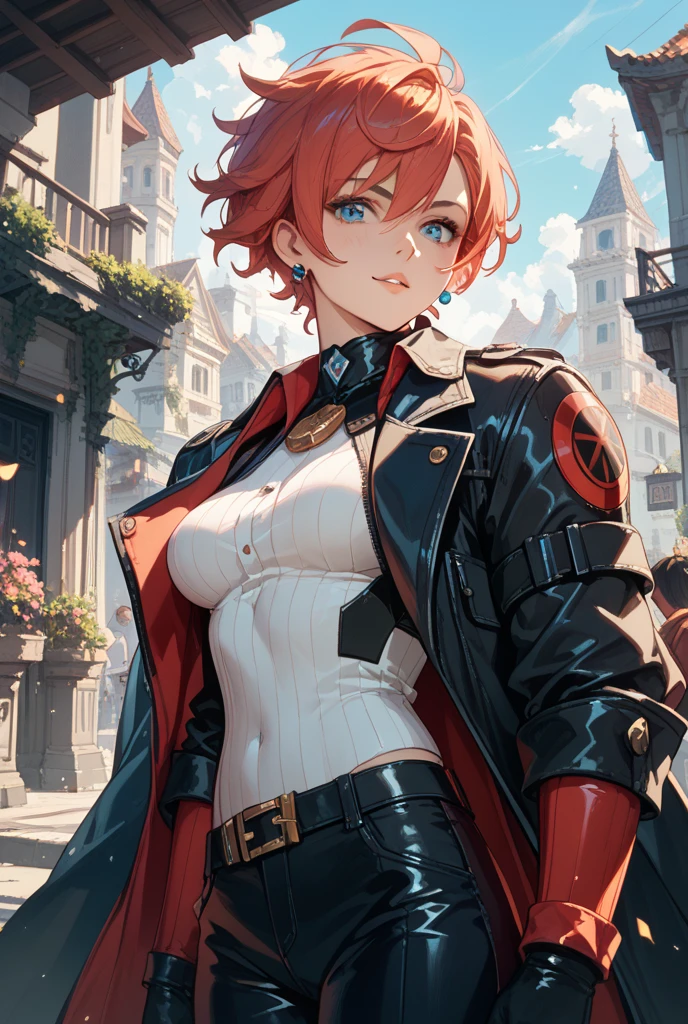 One Girl, Red hair，short hair，Brown eyes，leather armor
