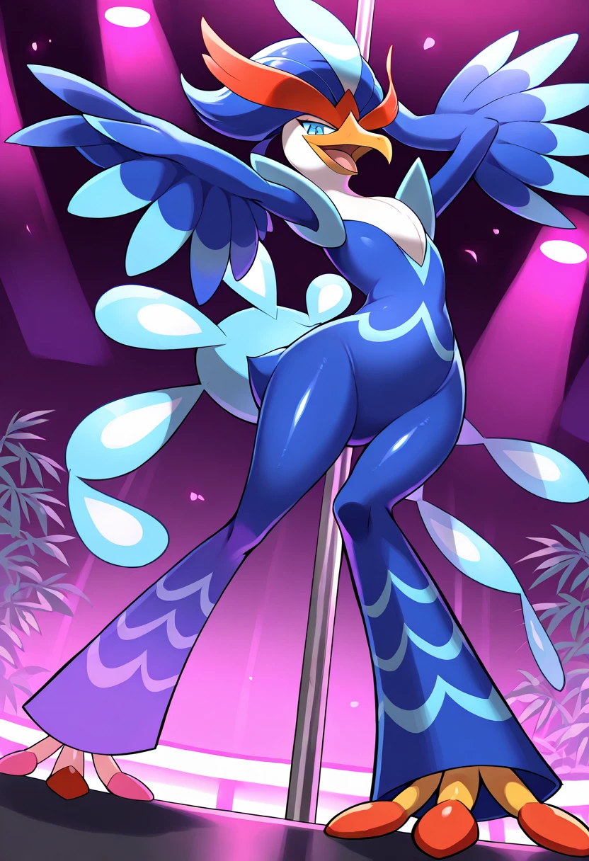 one person、male、inteleon、masterpiece、highest quality、(((Revealing white lace underwear)))、garter belt、Knee-high socks、bra with ribbon、High heel pumps、Nightclub Background、Sexy pole dancing、Big ribbon on the waist、Spotlight、Idol costume with ribbons and frills、Side view