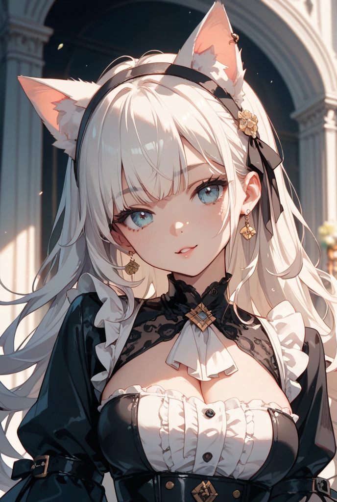 SFW, masterpiece, highres, 1 Girl, solo, standing, looking at the viewer, white long hair, cat ears, blue pupils, detailed eyes, detailed face, blushing, light pink lips, fishnet stockings, calm, intellectuals, three bangs, black fantasy short dress, lace gloves, village, mountains in the background