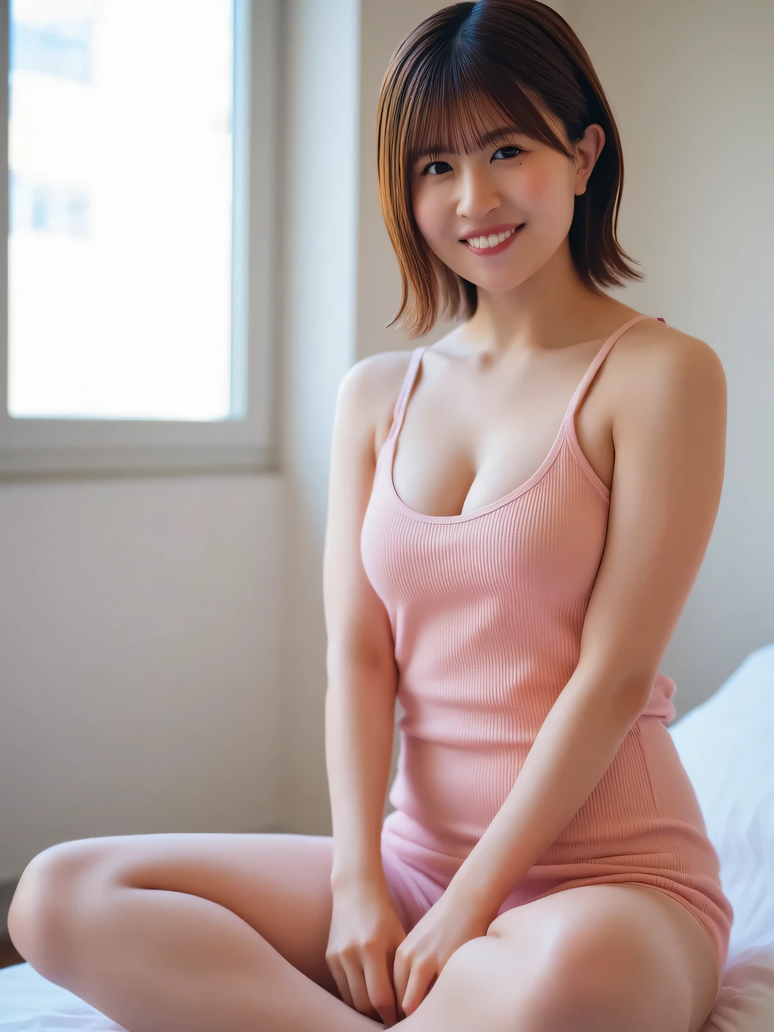 Hourglass body shape, Perfect body, Wide hips, Narrow waist, Round ass, Big breasts, Konoka. A woman is sitting on a bed smiling for the camera, a beautiful woman, hourglass body, sexy, nsfw. A young woman is seated indoors with soft natural lighting illuminating the scene. She has a hot hourglass body with huge breasts and round ass. Her hair contrasted against her pale complexion. She is wearing a form-fitting, sleeveless light pink top, suggestive of a casual, comfortable setting. The background suggests a cozy atmosphere, possibly a bedroom or a living space, with a soft focus that emphasizes the subject rather than the environment. The window in the background lets in gentle sunlight, adding warmth and serenity to the image. The lighting accentuates the contours of her figure and clothing subtly, capturing a calm and tranquil mood. The overall composition is simple yet effective, with a focus on the harmonious interaction between light, color, and texture.