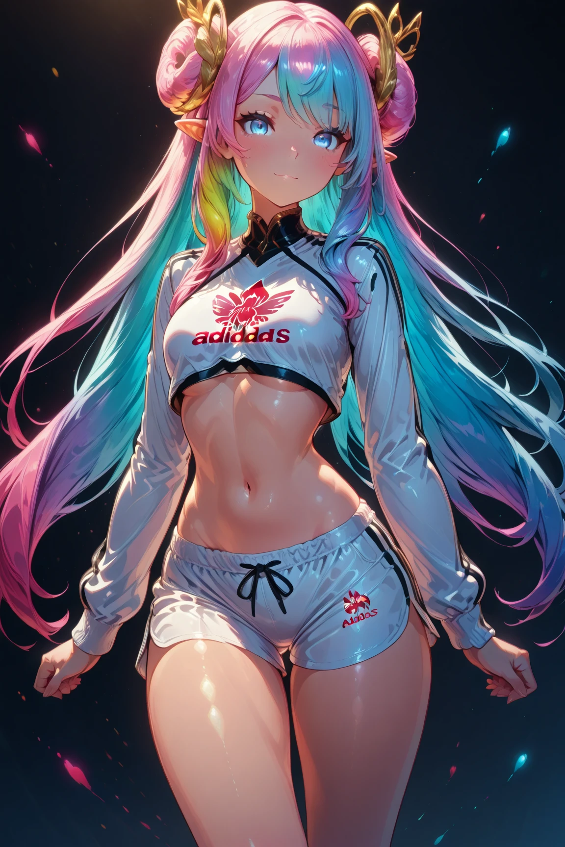 a busty Hatsune Miku with curly pink fur, wearing extremely tight Adidas sportswear that accentuates her camel toe, posing in a football camp setting, detailed face, photorealistic, 8k, high quality