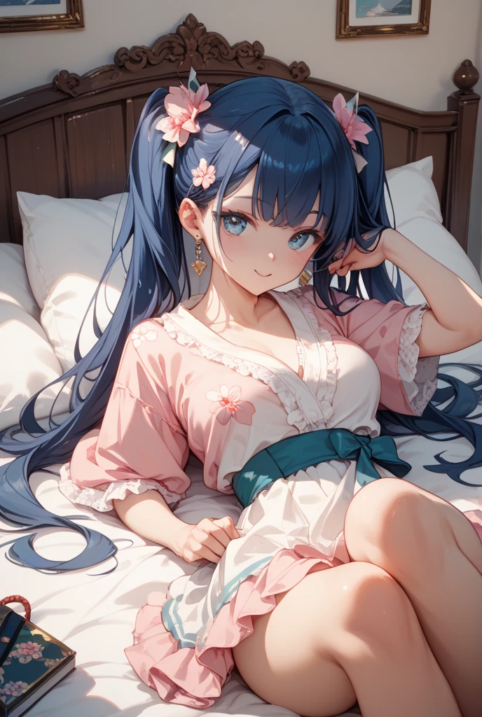 top-quality、1girl,Light blue hair、Medium hair、Blue eyes、Red cheeks、Shy look、light skinned、Small face、pink kimono dress:1.4、Floral pattern、Open chest、Shoulder out:1.3、skinny legs:1.1、View here、Angle from diagonally above、Dark hotel room、Lying on your back on the bed:1.7、Background blur、masterpiece