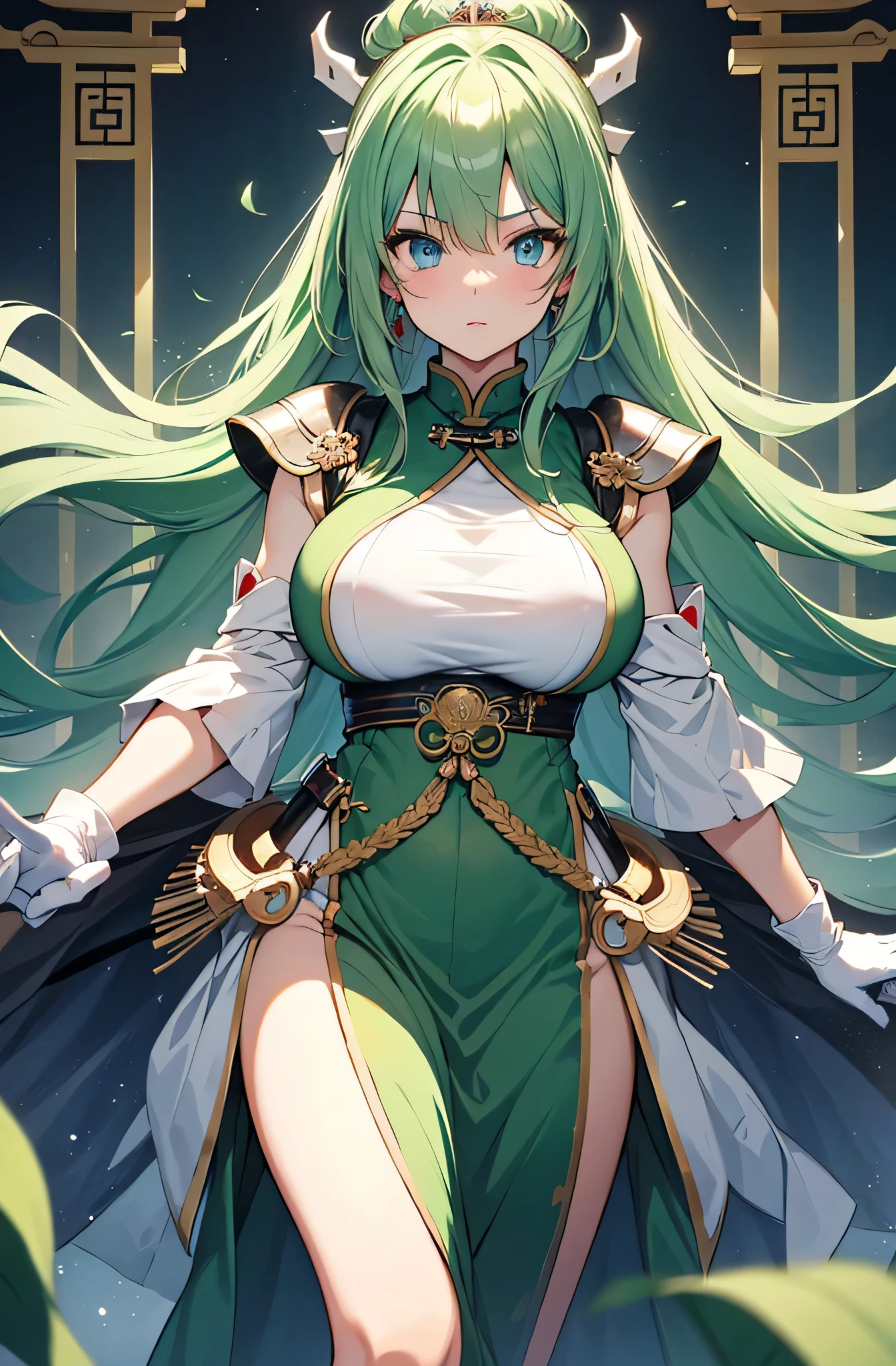 Beautiful anime goddess with long green hair, wearing a short dress, breasts, anime key look, moon, large breasts, intricate, hips, highly detailed, wide hips, breathtaking beauty, vibrant and sharp focus, illustration