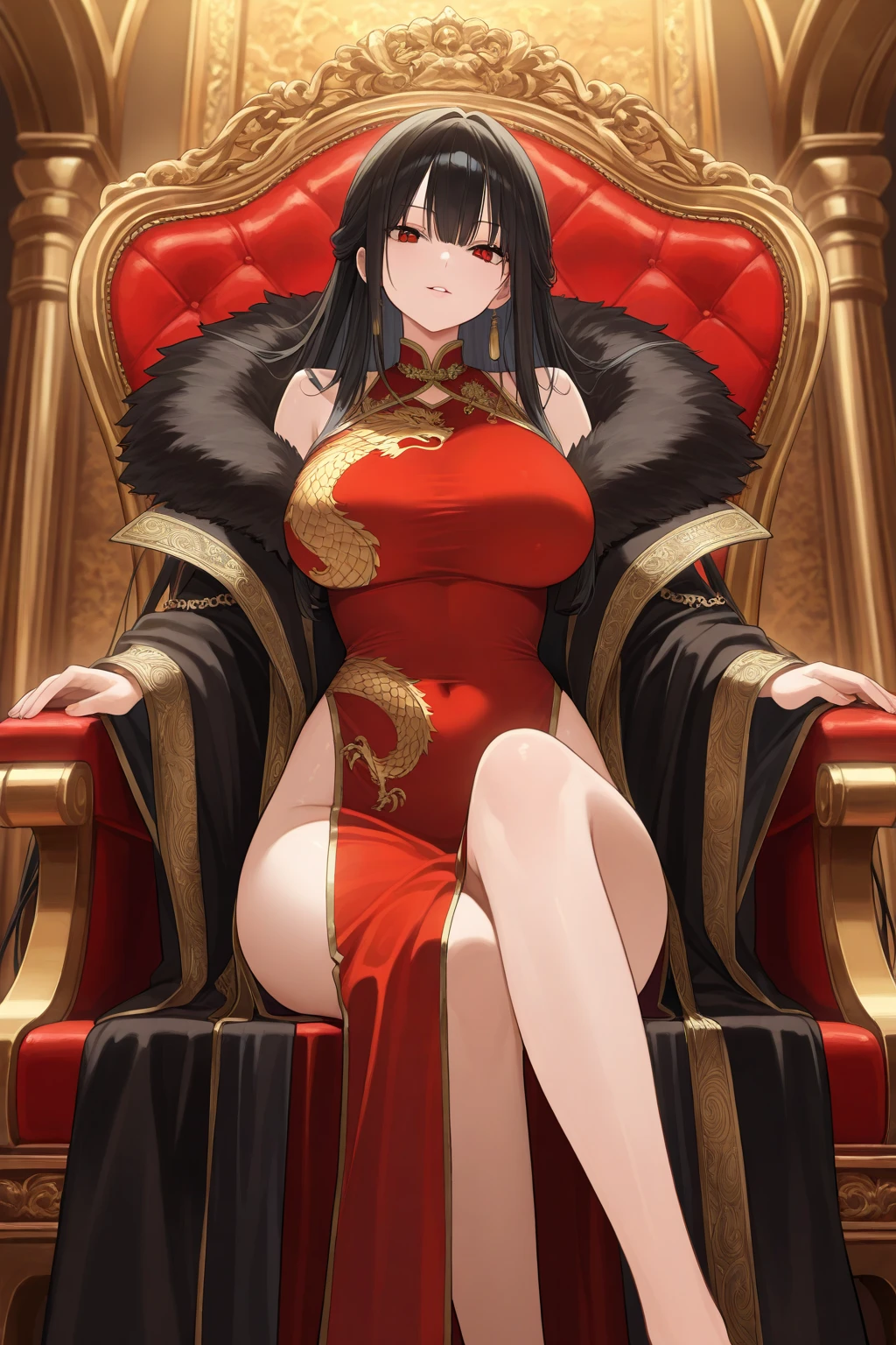 (((best quality))), ((ultra-detailed)), ((an extremely delicate and beautiful)), ((16k)), realistic, hd, cgi, gleaming hair, gleaming skin, gleaming dress, Character focus, solo, sitting down pose on a high throne, strong light coming in, sharp focus, illustration, game cg, anime, solo, curvy, (big breasts:1.3), forehead, ( white gold lining Chinese Lace Up Cheongsam Open Chest Bodycon Dress High Slit Qipao mini), faste collarbone, (belly:0.9), looking at the viewer, ocean, flower hair ornament, accessories, backlighting, shiny skin, shiny body, chibi, gloves, necklace, jewellery, black-brown hair, bead necklace, red faded into black colored hair, brown eyes, long hair, black bunny ears, red ombre hair, red-black hair, more yellow hair streaks, smaller dress, mommy goddess, thighs, looking down at the viewer, bare feet directed at the viewer, goddess, female dominance, high pony tail