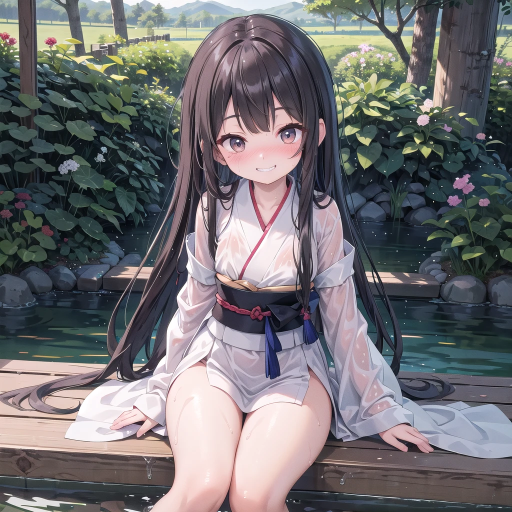 top-quality、extremely delicate and beautiful、Soio、Soio、8-year-old little girl、japanes、Lori、Chiquita、elementary student、A dark-haired、((Pink leotard))、(highleg)、Tiara on the head、A smile、is standing、Facing the front、Pond in the background、the woods、cherry trees