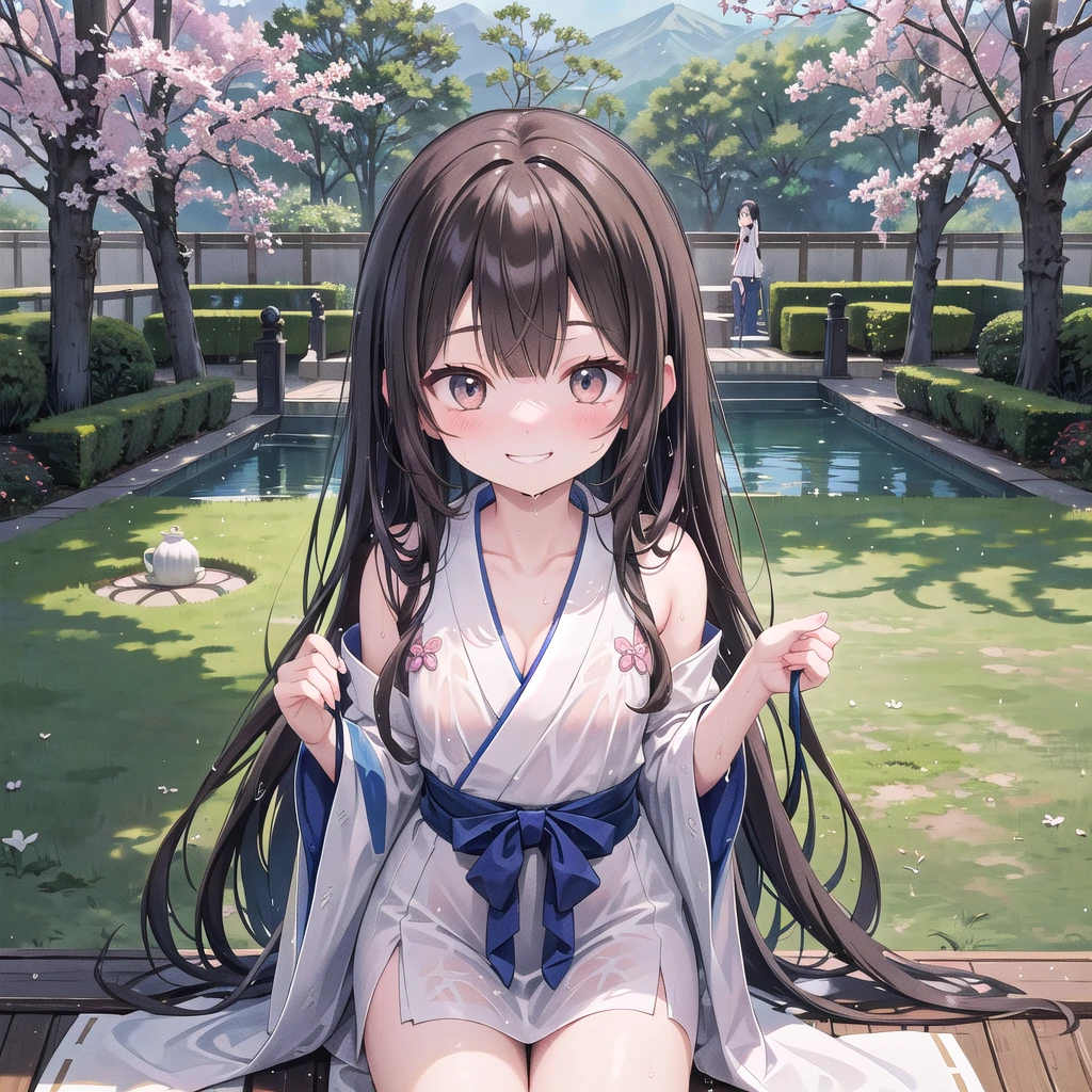 (((Pixel Perfect, Perfect in every detail))), alone, One girl, Chizuru Ichinose, masterpiece, best quality, extremely detailed, (illustration:1.2), high-resolution, 8k cg wallpaper, stunning art, nsfw, 1girl, (slave red collar), very cute face, young teens, complete nude, sitting on the long bench, feet perfect on the bench, perfect m legs, (spread pussy by herself with both hands completely:1.3), open legs, (pussy juice:1.1), very lovingly gaze, (blush:1.1), wistful, public indecency in the park, cherry trees, perfect front view, straight view,pubic hair、Bristles、Chain on collar、Tied up like a dog、Crowd of people