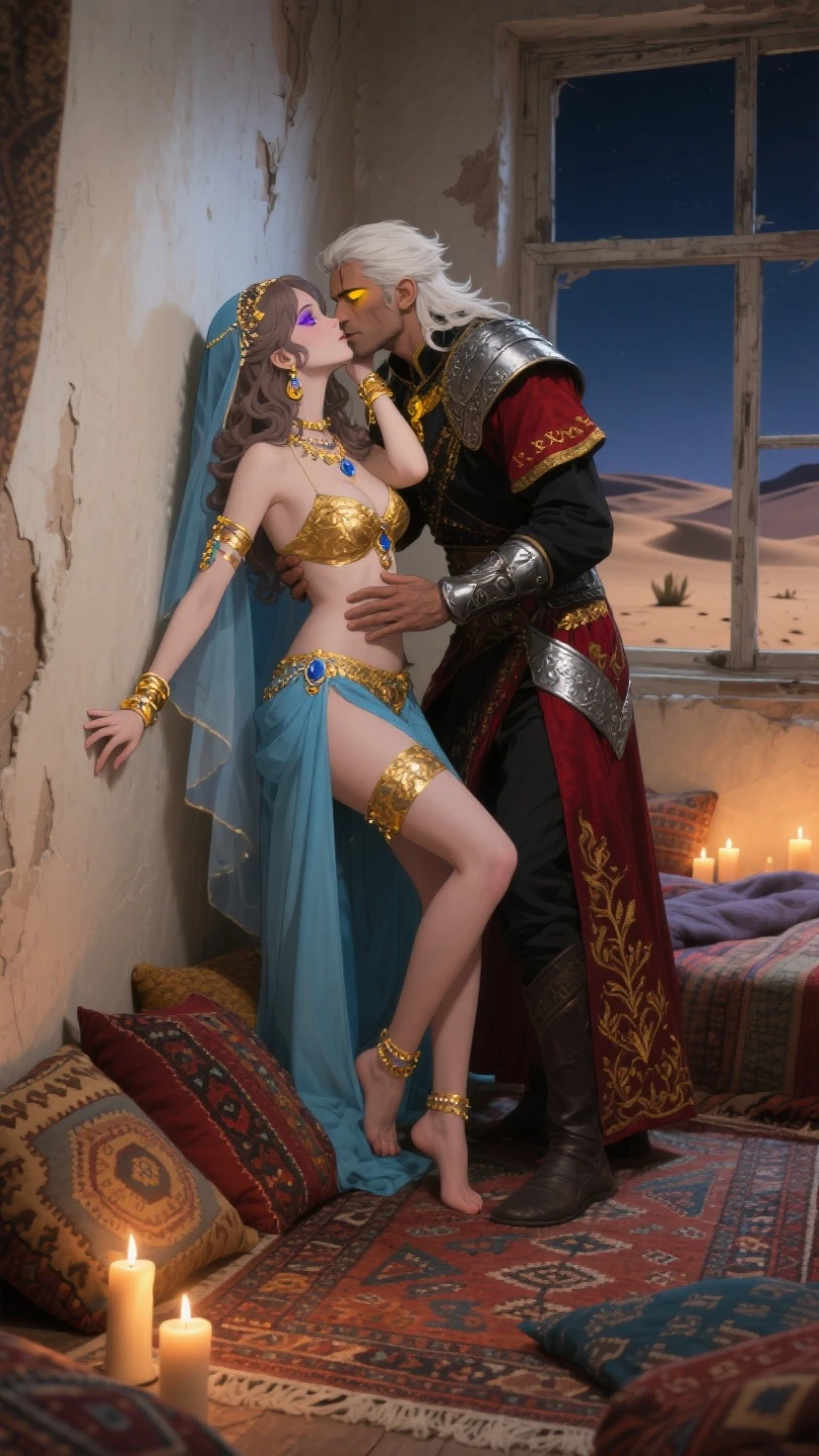 perfect face (hijab), (9 years old), (curvy:1.4) saree wlop perfect full HDR body exposed midriff curvy indian armpits bellydancer 8k high res knees ankles , cleavage (shiny skin:1.6) depth of field (full body shot) (high heels)( couple, uncle kissing:1.7)
