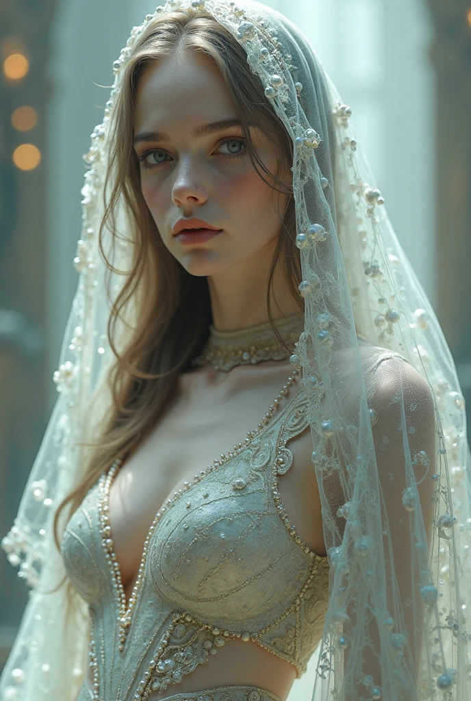 a RAW photography, shot on Hasselblad X1D-50c, ISO 100, surreal fashion photography, portrait of a woman up to her chest, detailed face, avant-garde fashion in translucent flowing fabrics, fabric overhead, telephoto, studio lighting, 4k, canon eos r3