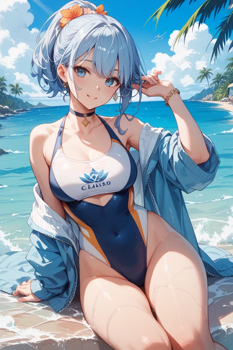 Highest quality, Highest quality, High quality illustrations, masterpiece, Ultra-high resolution, Detailed Background, Absurd, Perfect Anatomy, performance, Good lighting, Shadows in the movies, ganyu \(genshin impact\), Purple eyes, long hair, light blue hair, long ponytail, Brownish horns, alternate costume, wetsuit, covered arms and covered legs wetsuit, wetsuit with zipper, open closure to the breasts showing her bikini, white striped bikini, clothed breasts, wet clothes, wetlook, shiny wet, bewitching thighs, gleaming, shiny skin, beautiful legs, Happy look, blushing, lying down, view from below, hands up, ocean view, beach, Sun in the distance, flashes of light