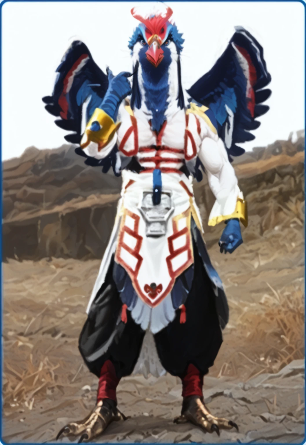  Masterpiece, best quality, realistic, 1 man, old, (birdman), male, (muscular body, with bright blue plumage that contrasts sharply with the well-proportioned features. The bird's eyes are a sharp and fierce yellow, with a crest along with two long red feathers and a red beak, long eyebrows and two whiskers hanging from its chin are all white. Its wings are a combination of dark blue and red, parallel to the body color). Showing off its muscles in the dungeon