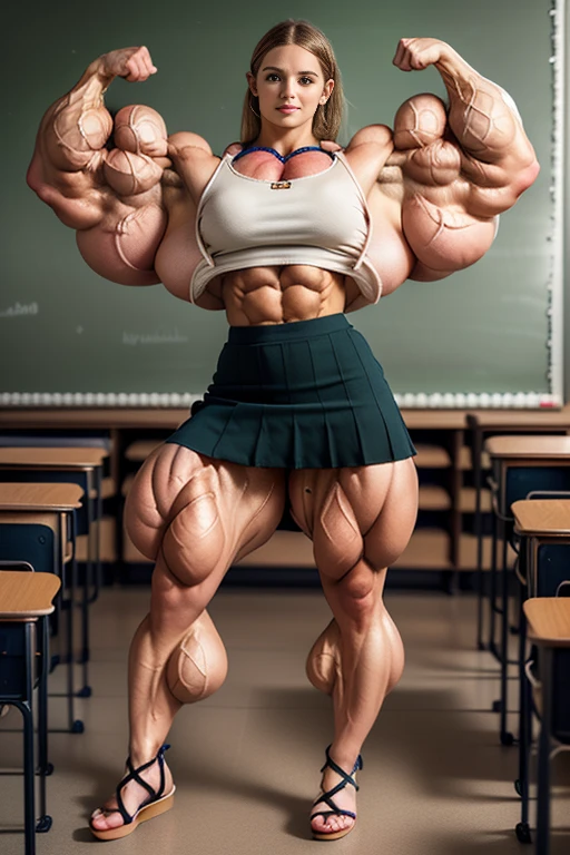 (cartoon of a woman in a classroom with a man in a suit, realistic , a hyperrealistic , hyperrealistic , as a strict school teacher ), large muscles, realistic cartoon, 3 d cartoon, big muscles, giantess art, very realistic, exaggeratedly large physique, powerful and huge, school class, in a classroom, muscular girl