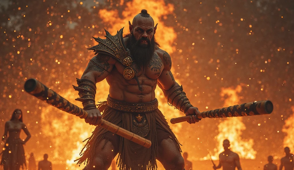 looking at me, Staring Intently, face focus, Bandit, a fat ferocious barbarian, This barbarian is a fat Japanese, smirking, mid combat, intense battle scene, leather and iron armor, armored short skirt, holding a Viking War Axes, legs exposed from thighs to feet, fierce warriors, ancient battlefields, epic showdown, battleground background, masterpiece, volumetric lighting, Dramatic, Uighur the Warden, breathtaking action, dynamic poses, bald, ((ultra sharp)), ((masterpiece)), ((best quality)), ((ultra detailed)), ((intricate details)), Inguinal region detailed, Dilapidated, breathtaking action, destroyed city after big air raids, fire, smoke, A brutal scene,