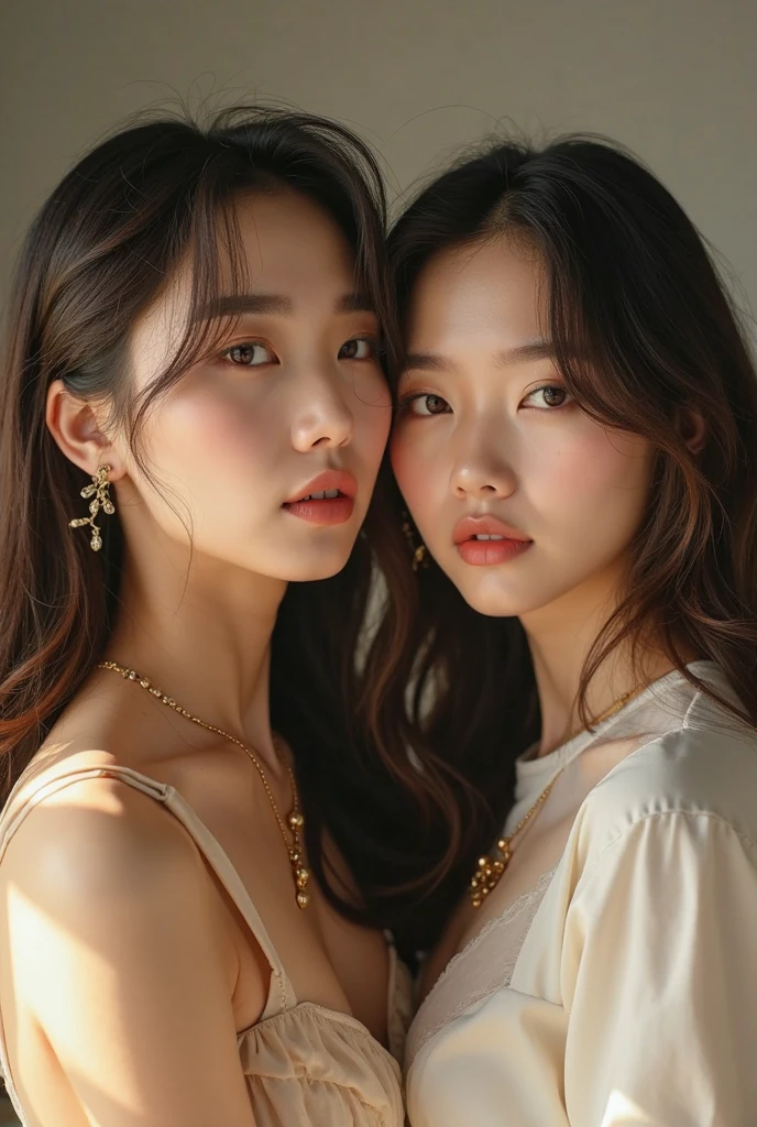 2girls,duo,8K Raw photograph,超高分辨率, filmgrain, filmg,view the viewer, Natural skin texture,Realistic eye and face details,((Realistic:1.5)),Ulzzang-6500:1.4,((Best quality)), ((Masterpiece)),((Detailed)),{2 beautiful women}, (Upper body:1.3),Hug and touch each other, Tease your friend's waist, Breathless friends, Biting a friend's earlobe, crouched,super wide shot,Face focus, Long legs,Curvy, Barefoot,Wide hips, Thin legs, Oversized eyes,Long eyelashes, (Detailed face,beautidful eyes, detailedpupils,detailed clothes features, Clear background:1.3), (armlets, bangle:1.3),bright detail,Sharp,Perfect compounding, Intricate, Sharp focus, Dramatic,