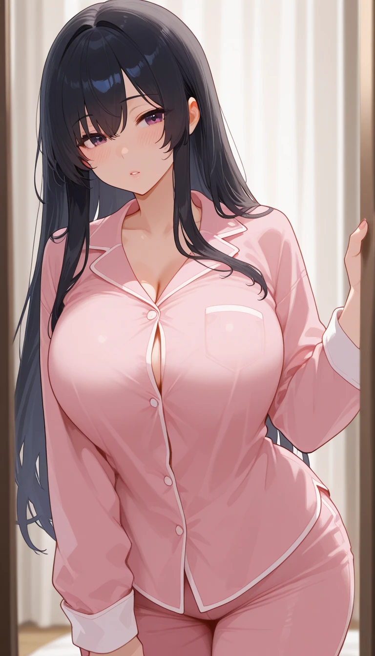 1girl,perfect ,black hair, long hair, (hair over one eye:1.4), messy hair, hair between eyes, hairclip,plump, chubby,fat, saggy breast, cute motif pajama, cute shy blush on , bedroom 